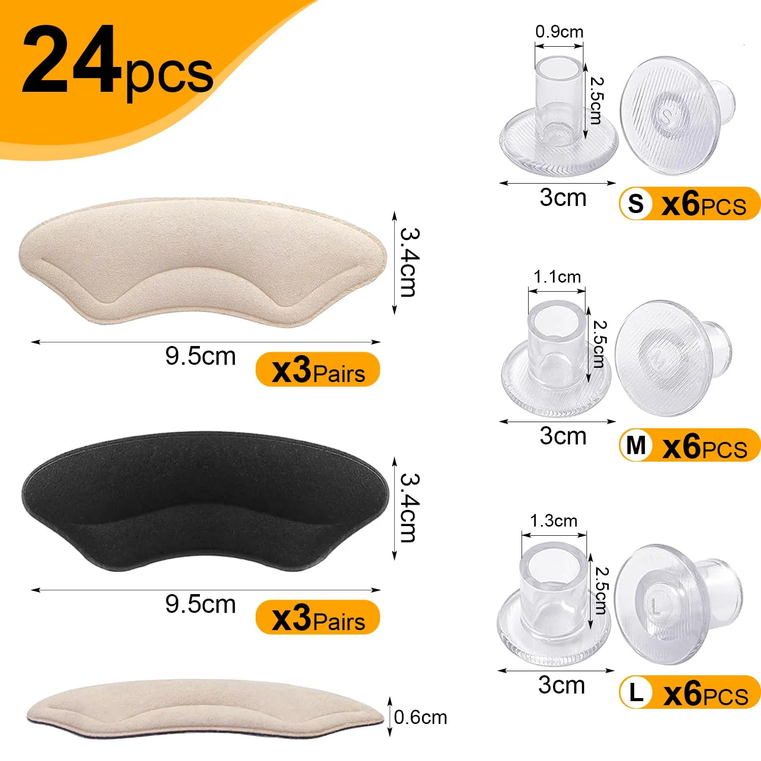 24 pairs of clear grass heel guards, 18 heel stoppers in 3 sizes for walking on grass, wedding shoes and uneven ground with 6 heel guards, heel covers for high heel shoes