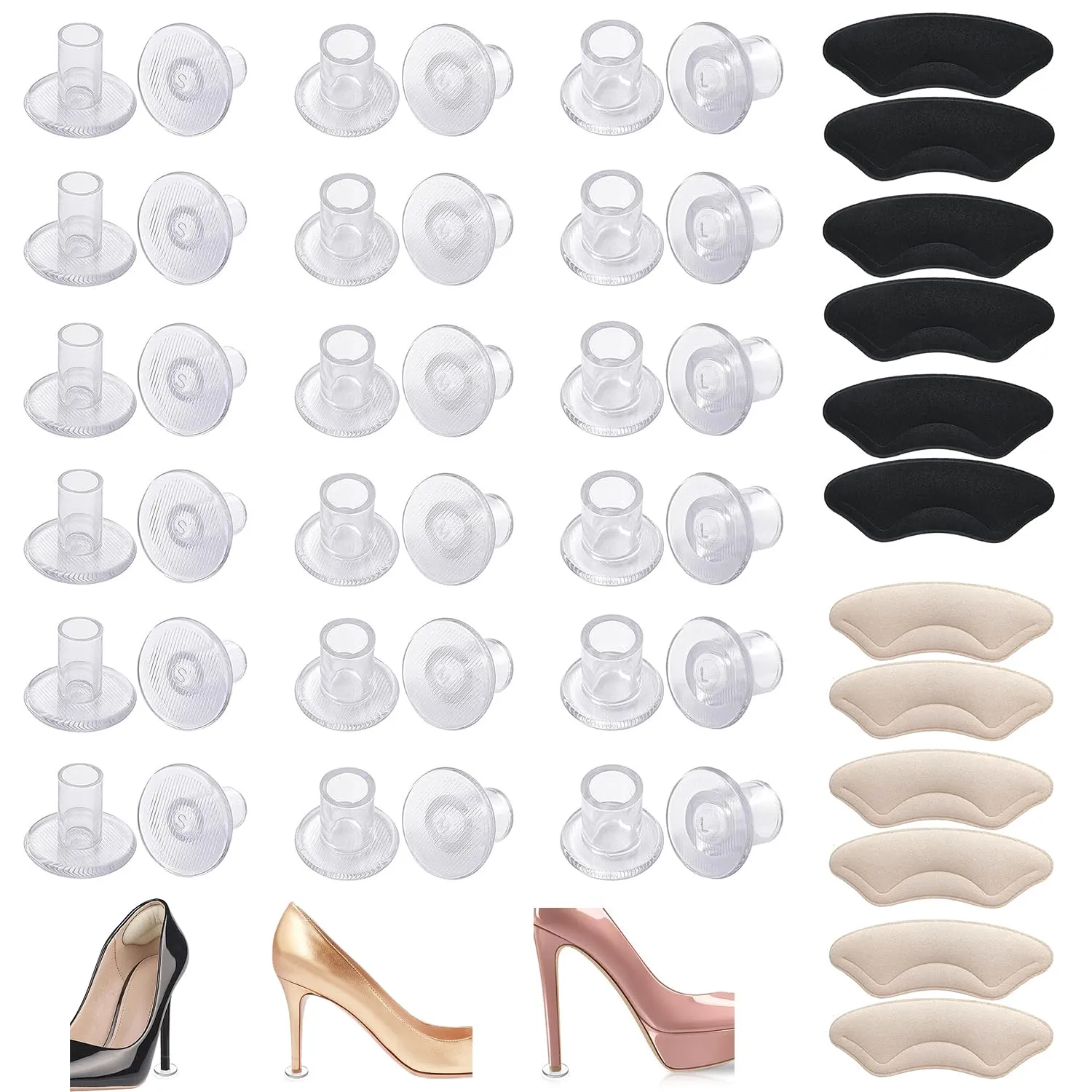 24 pairs of clear grass heel guards, 18 heel stoppers in 3 sizes for walking on grass, wedding shoes and uneven ground with 6 heel guards, heel covers for high heel shoes