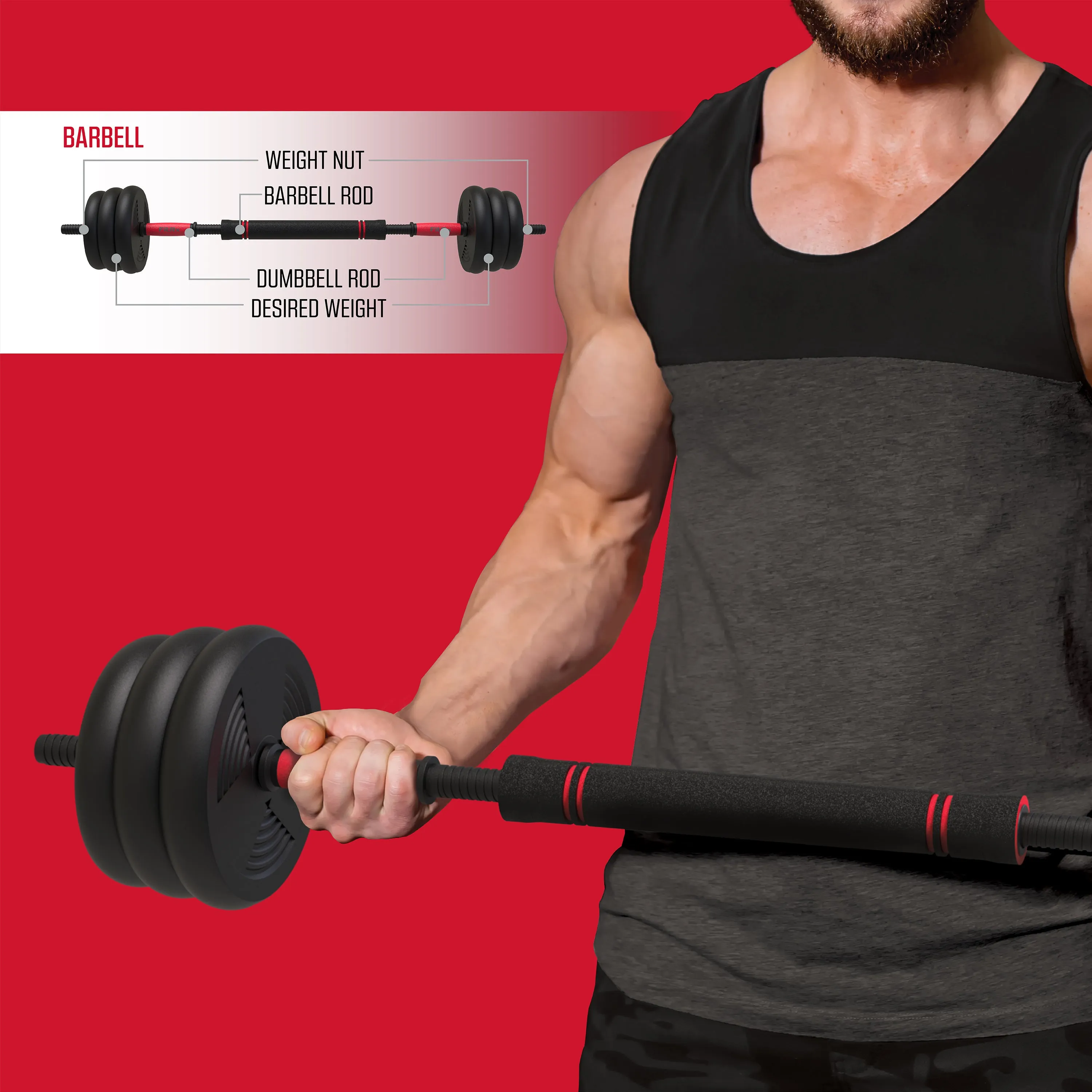 4-in-1 Portable Interchangeable Dumbbell Barbell & Kettlebell Set W/ Adjustable Weights,