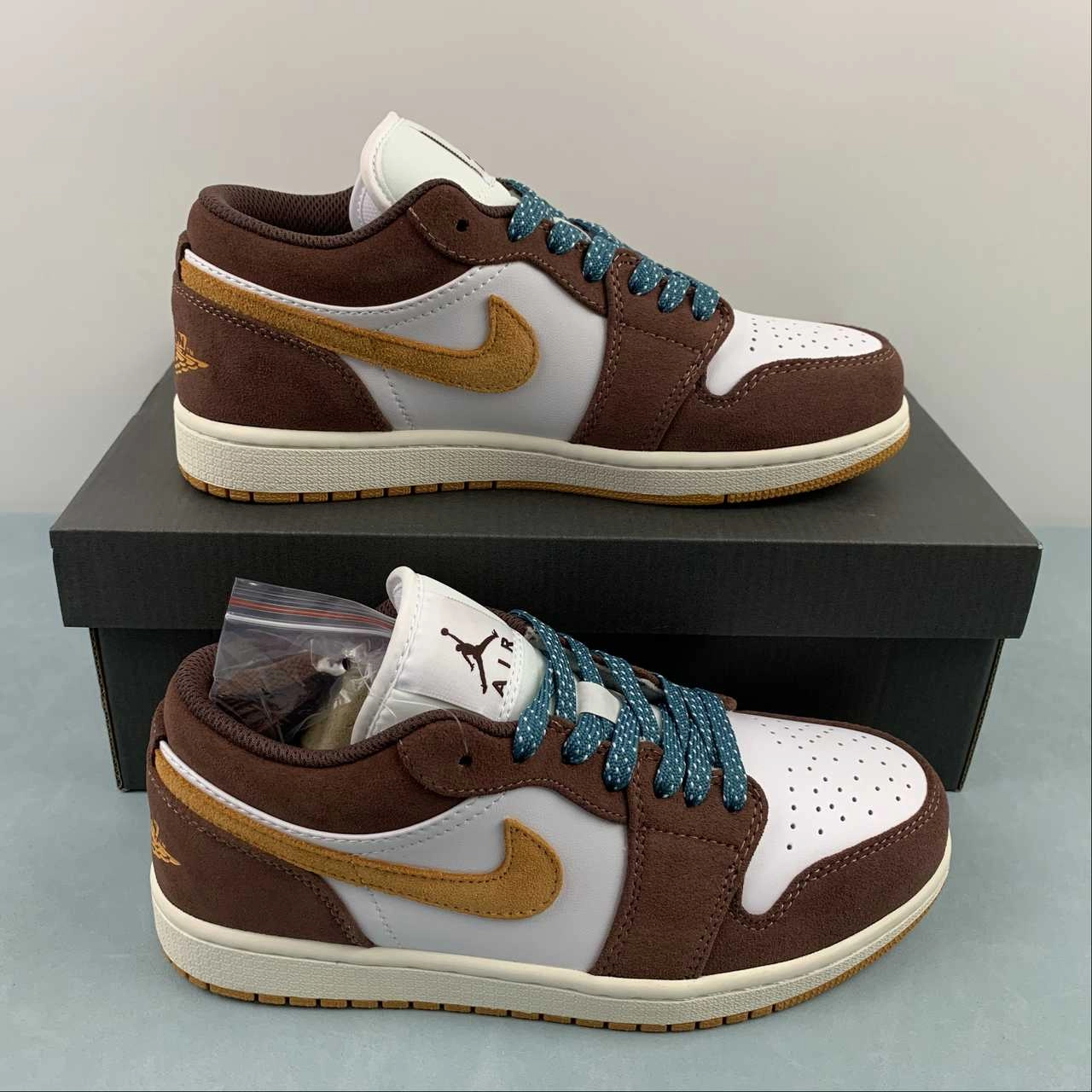 Air Jordan 1 Low Cacao Wow Twine Sail Geode Teal Luminous Green FB2216-200 Asymmetric Lacing Designs