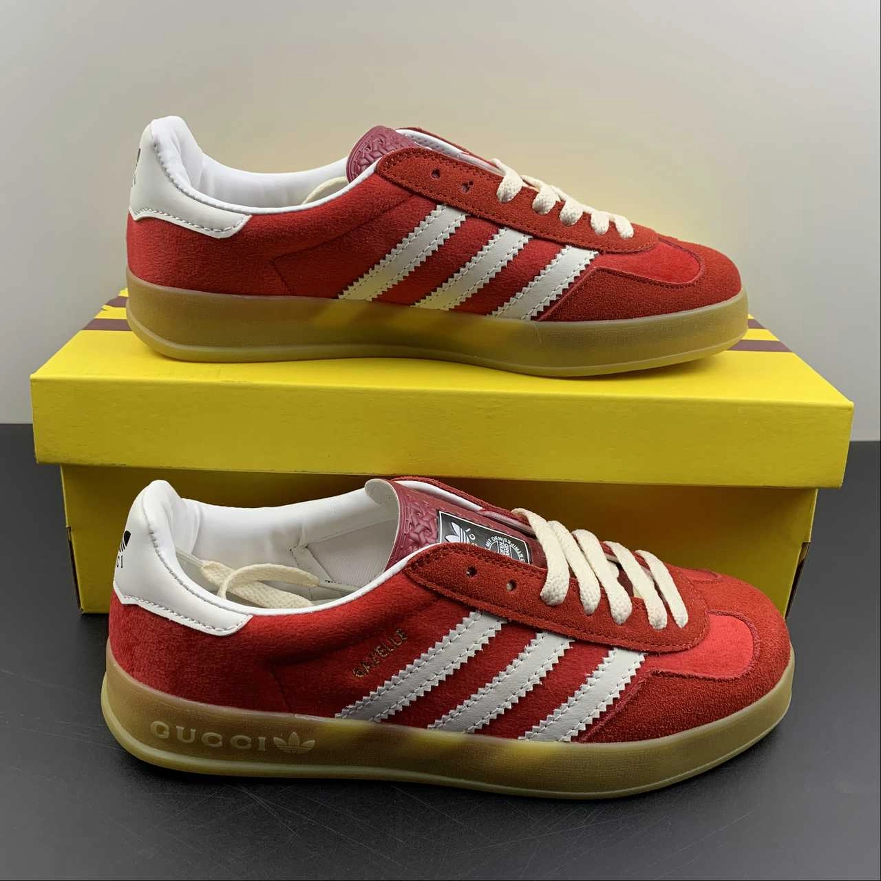Adidas x Gucci Gazelle Red Velvet White closed - toe shoes arch - hugging shoes