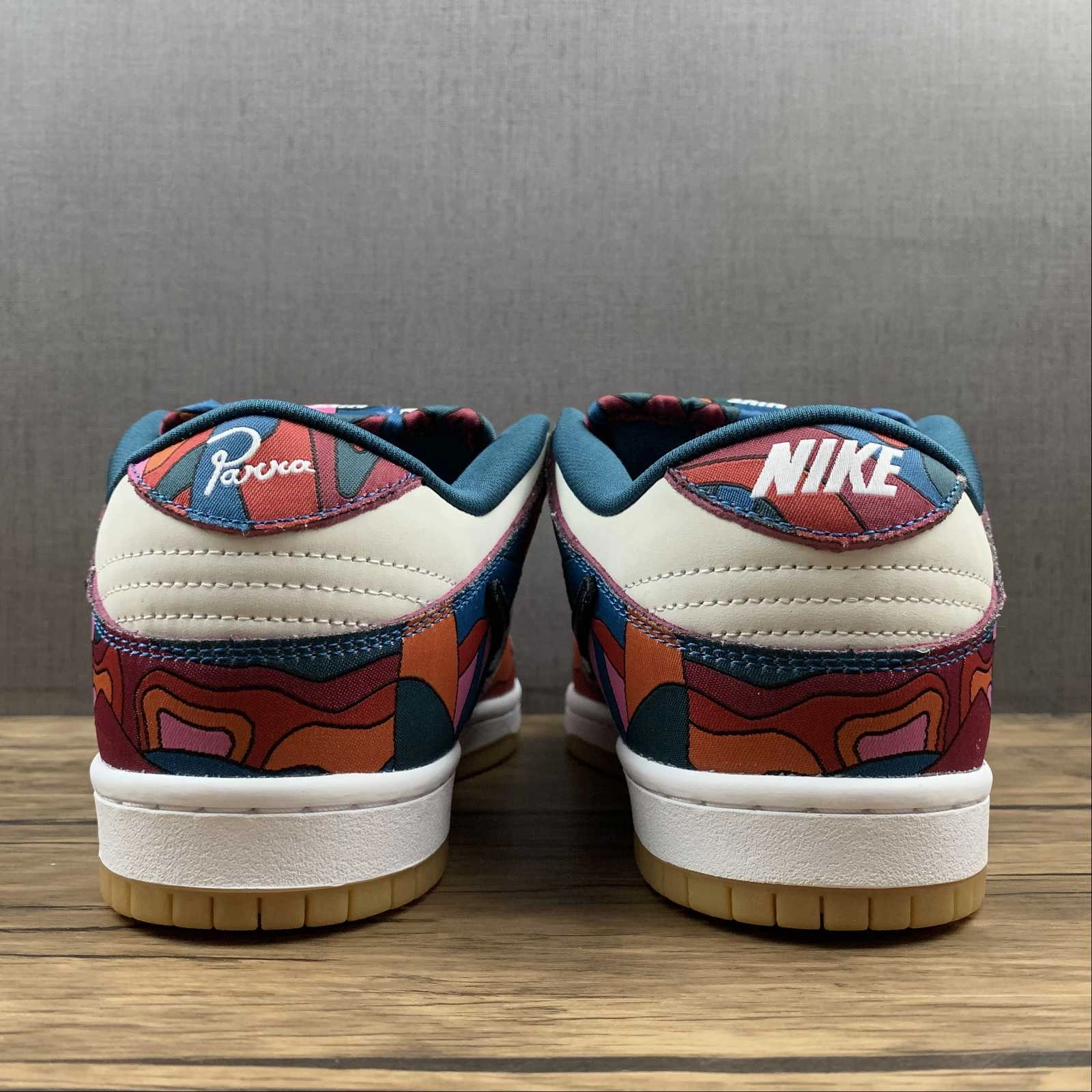 Micro Perforated Tongue SB Dunk Low Parra 2021 Fire Pink Gym Red Mocha Royal Blue DH7695-600