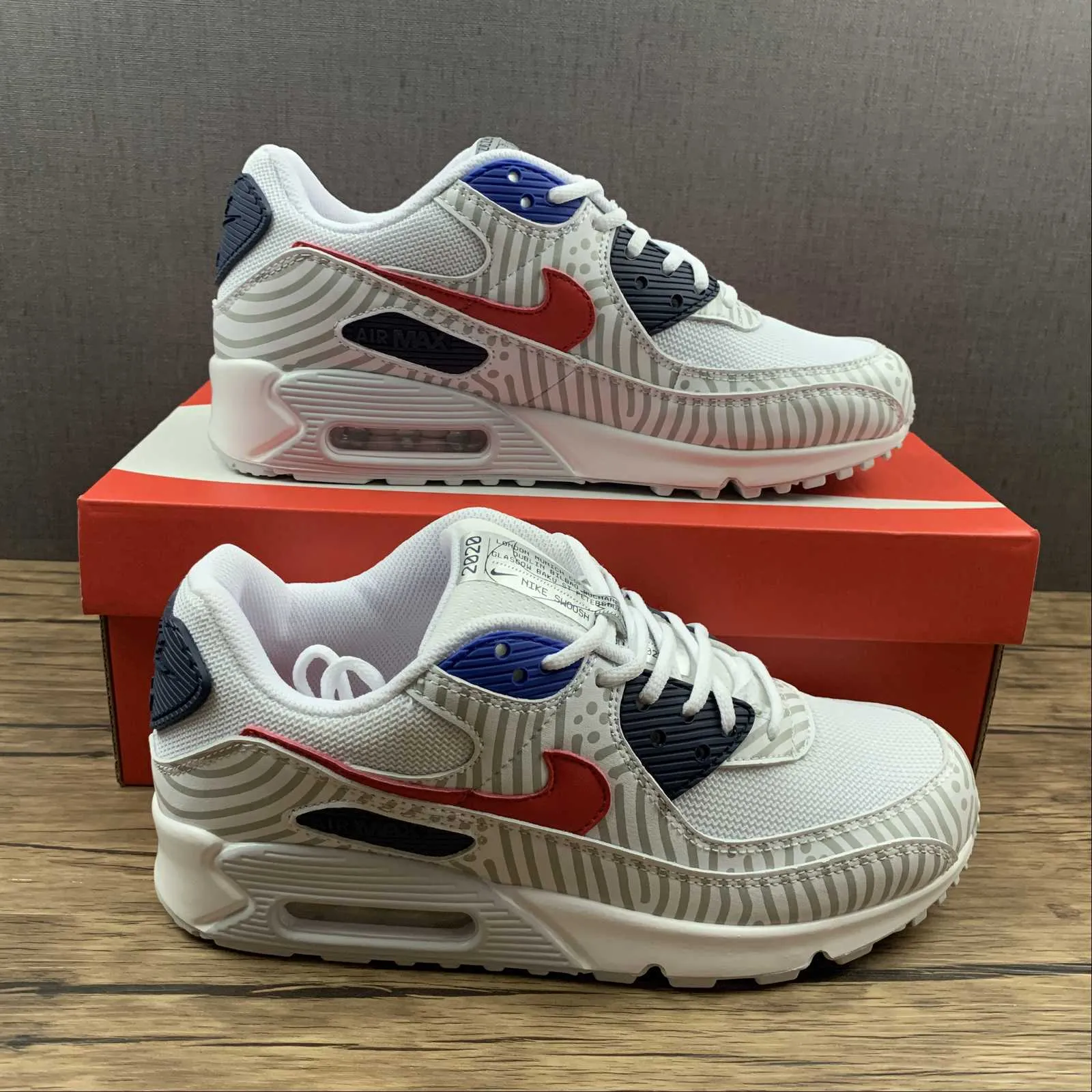 Air Max 90 Euro Tour 2020 White Midnight Navy Bright Blue University Red CW7574-100 adjustable - fit shoes Adaptive Comfort