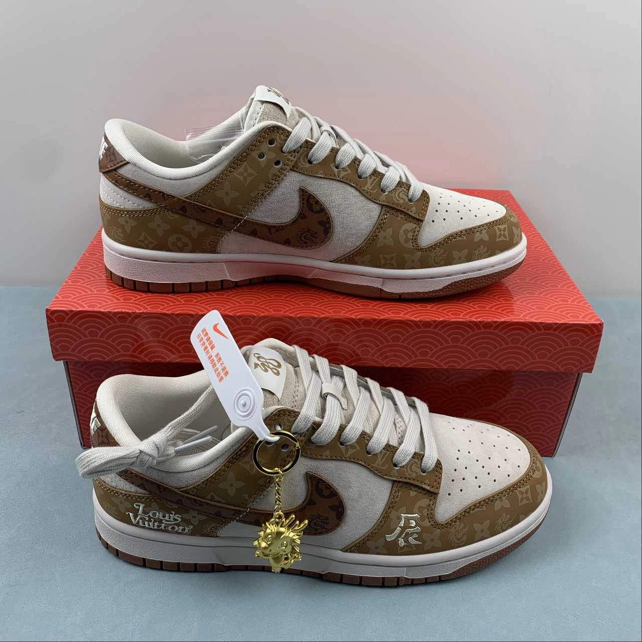 SB Dunk Low LV Brown White Metallic Gold FC1688-184 Quick Dry Interior