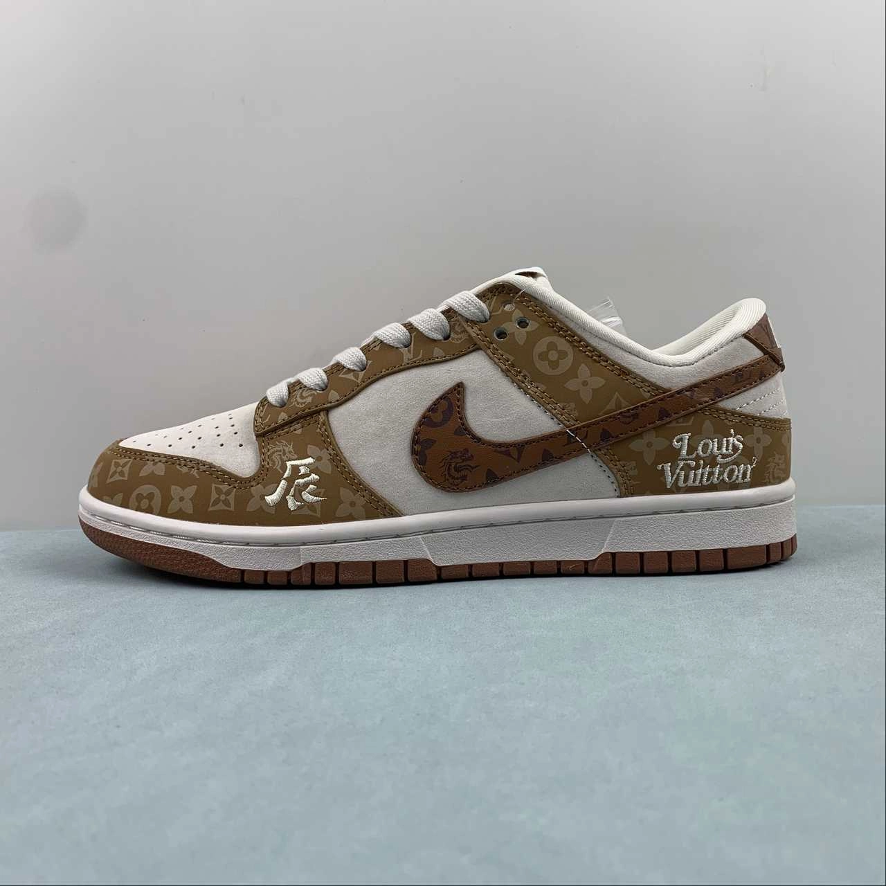 SB Dunk Low LV Brown White Metallic Gold FC1688-184 Running Shoes Modern Frame