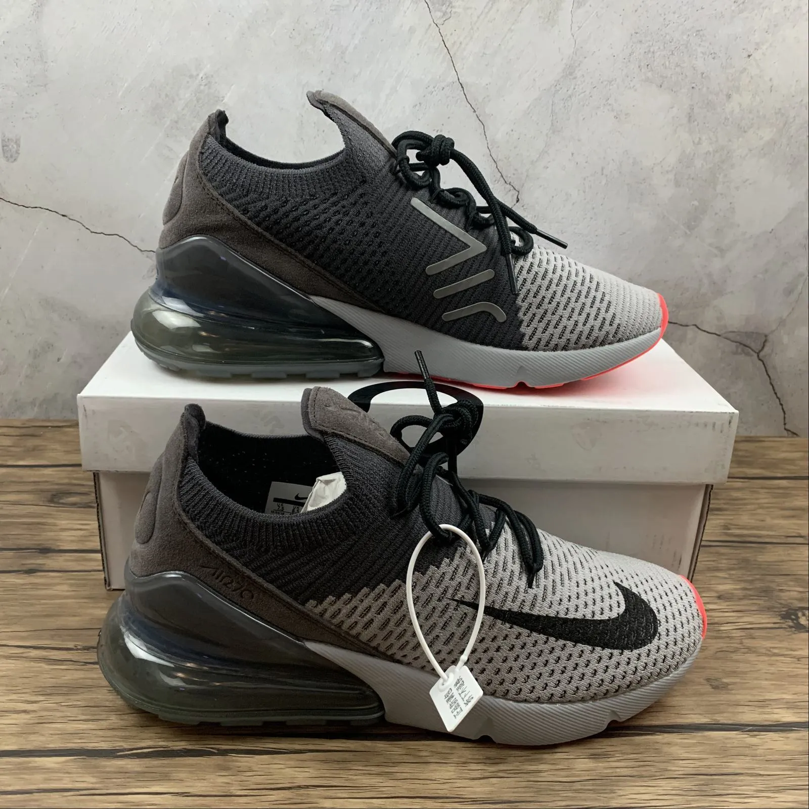 Air Max 270 FLYKNIT Atmosphere Grey Black AO1023-004 running with a sports bra Soft
