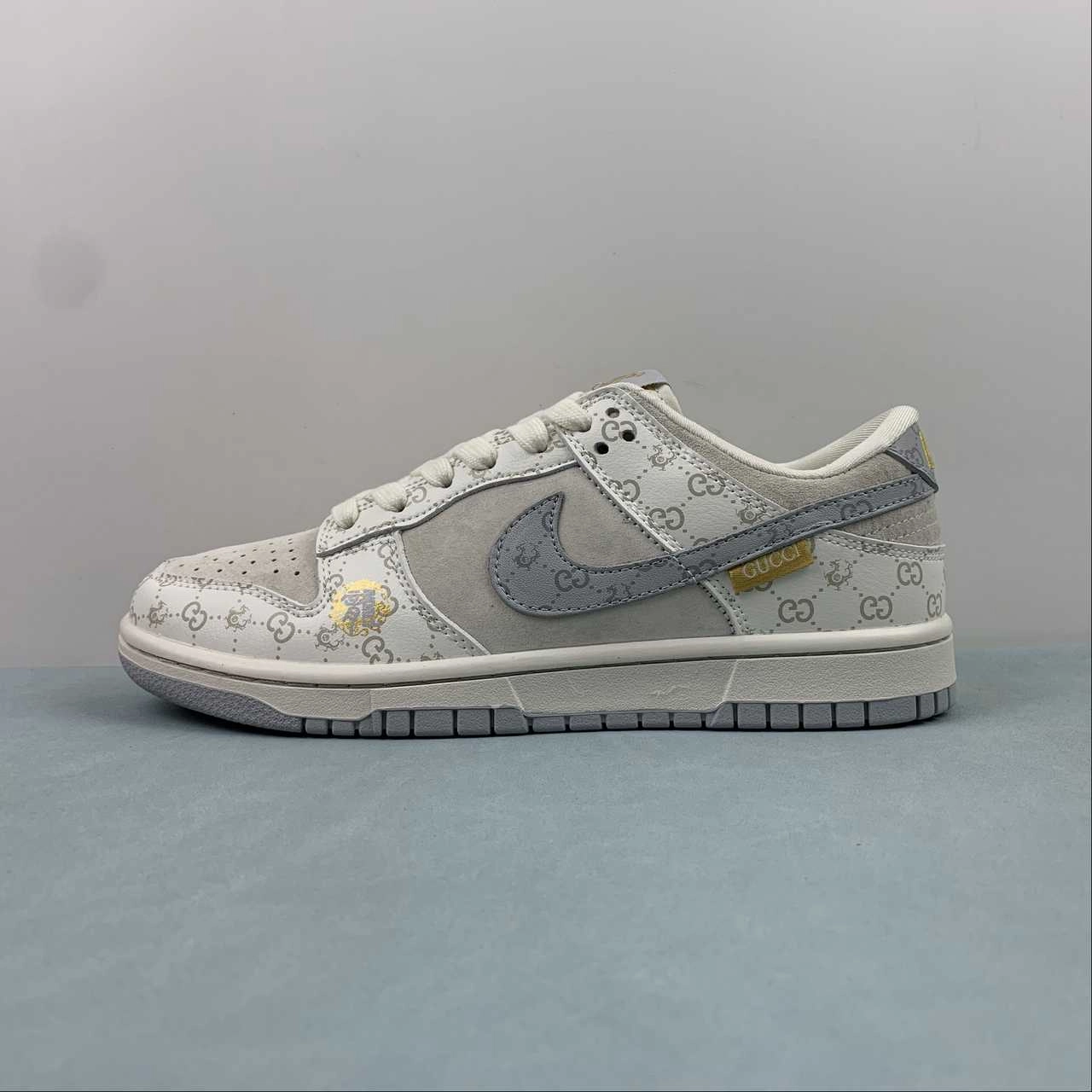 Gucci x SB Dunk Low Off White Gray Gold FC1688-159 perforated upper Flexible Cushioning