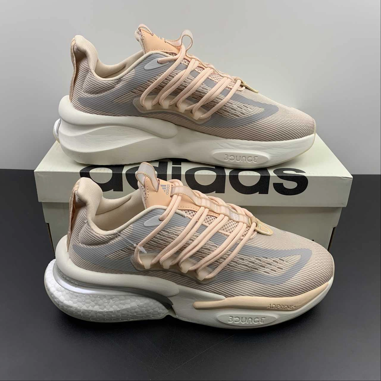 Adidas Alphaboost V1 Wonder Quartz Taupe Met. Chalk White HP6135 running on soft surface