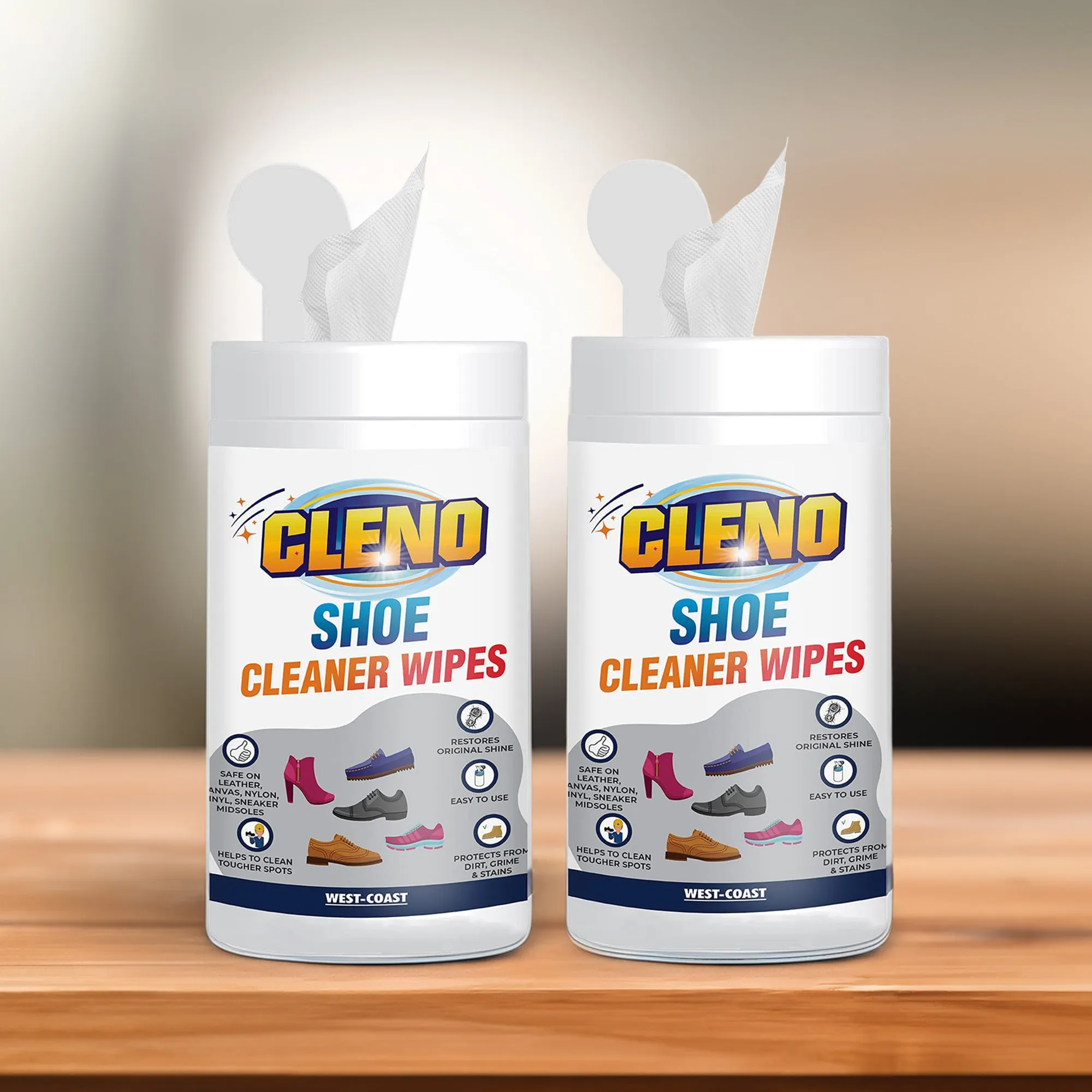 Cleno Shoe Cleaner Wet Wipes for Loafers, Sandals, Slippers, Traditional Footwear, Athletic, Sneakers, White & Golf-Tennis Shoes, Scrub Off Dirt, Mud, Grass Stains - 50 Wipes (Pack of 2,Ready to Use)