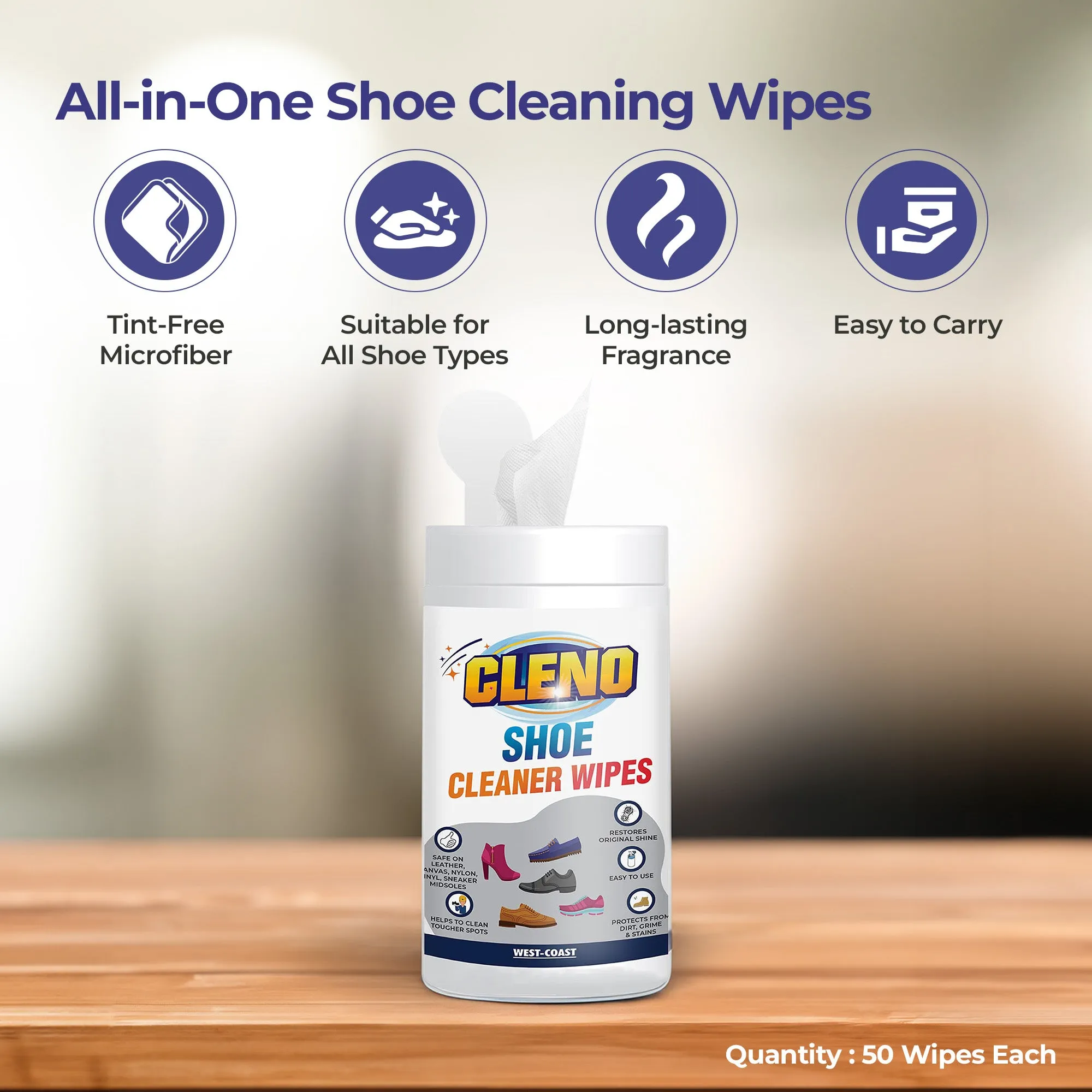 Cleno Shoe Cleaner Wet Wipes for Loafers, Sandals, Slippers, Traditional Footwear, Athletic, Sneakers, White & Golf-Tennis Shoes, Scrub Off Dirt, Mud, Grass Stains - 50 Wipes (Pack of 2,Ready to Use)