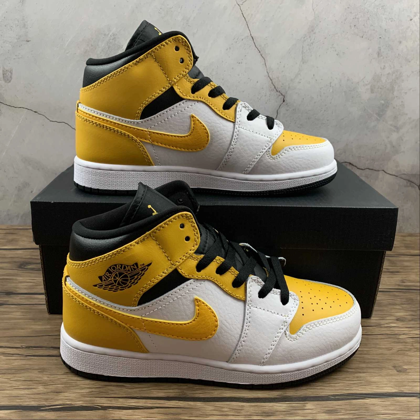 Air Jordan 1 Mid (GS) White University Gold-Black (2021) 554725-170 Padded Ankle