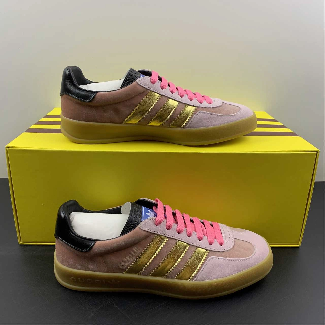 Adidas x Gucci Gazelle Pink Velvet running with water bottle shoes environmentally - conscious