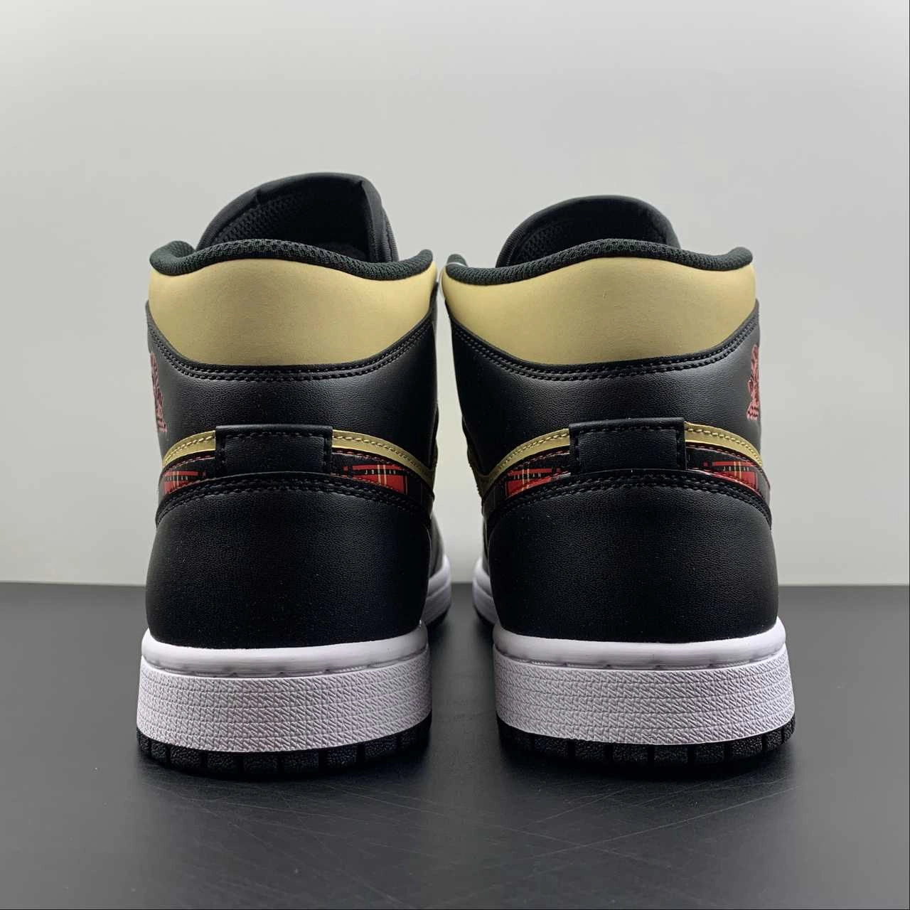 Air Jordan 1 Mid Tartan Swoosh Black Sesame Fire Red White DZ5329-001 Sporty Vibes