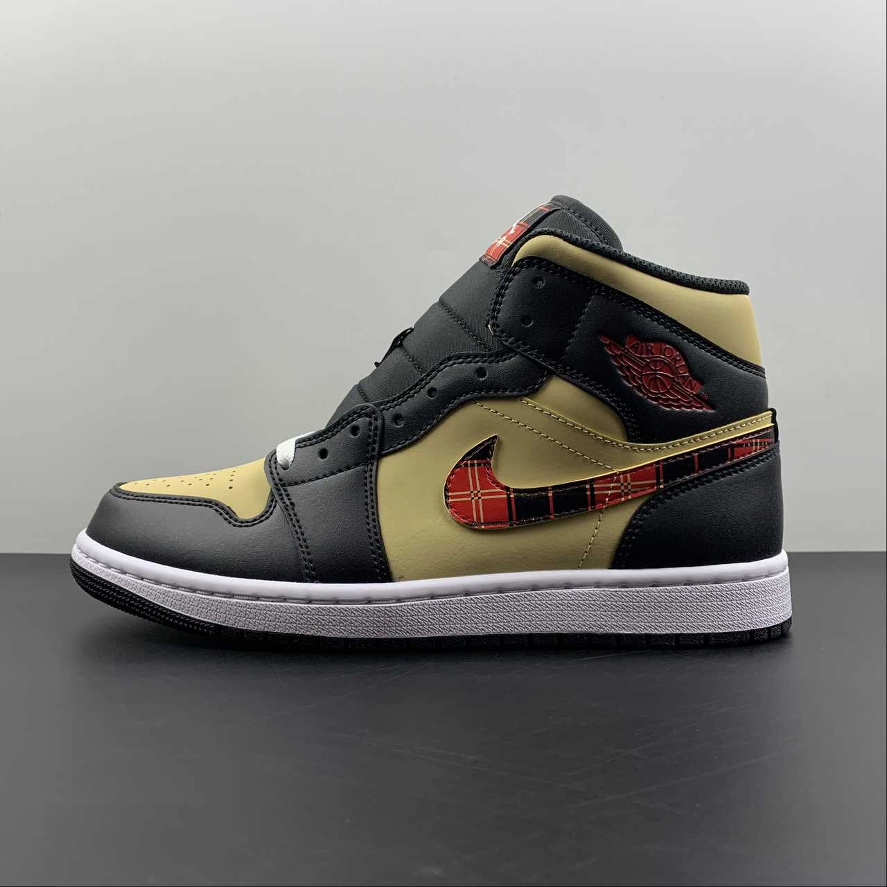 Air Jordan 1 Mid Tartan Swoosh Black Sesame Fire Red White DZ5329-001 Anti   Slip Outsole
