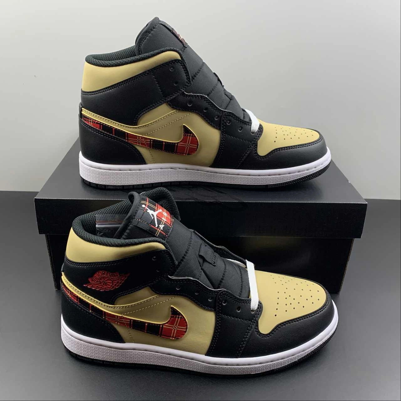 Enhanced Ankle Support Air Jordan 1 Mid Tartan Swoosh Black Sesame Fire Red White DZ5329-001