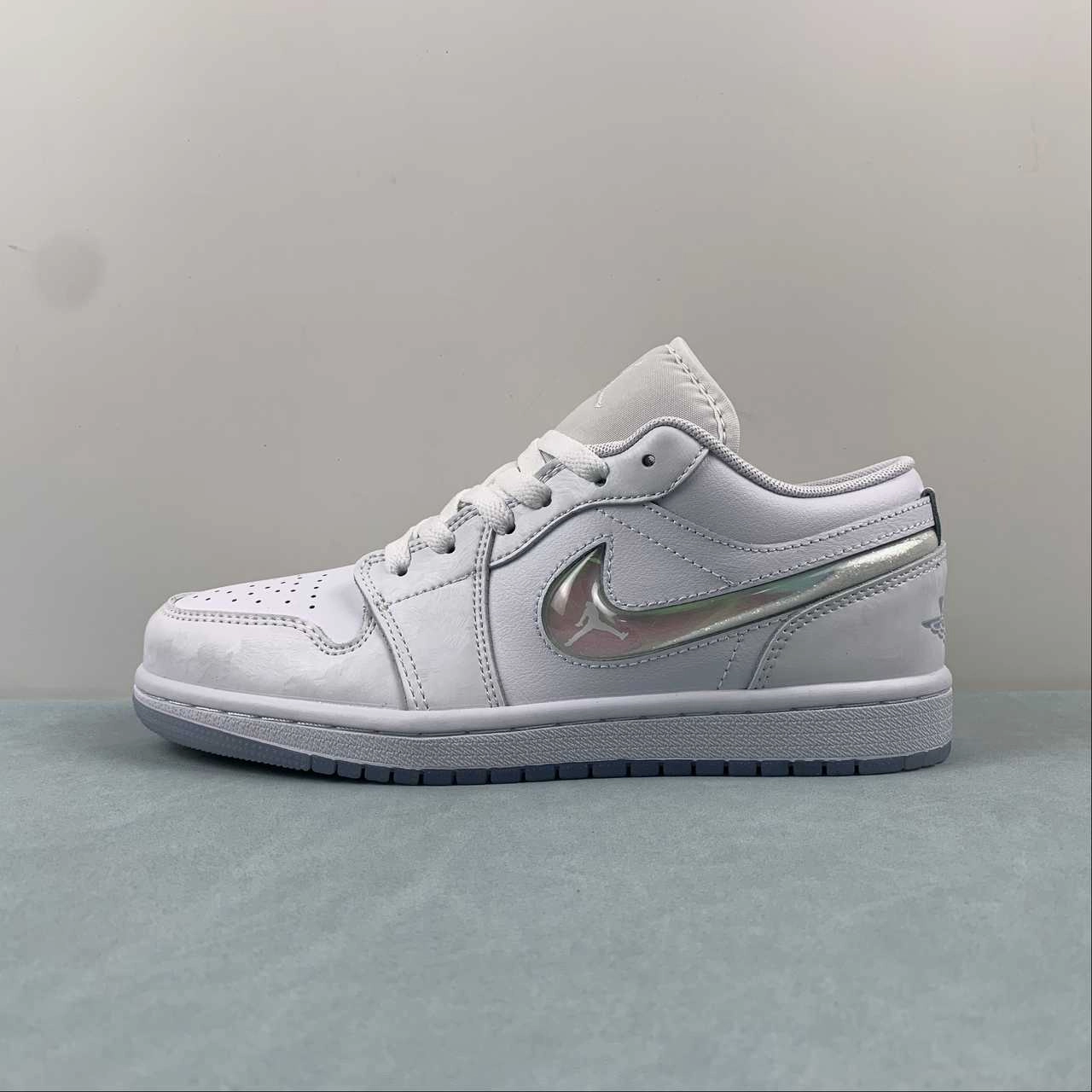 Air Jordan 1 Low GS White Iridescent Glitter Summit White Ice Blue FQ9112-100 cool tones Compression Molded Foam