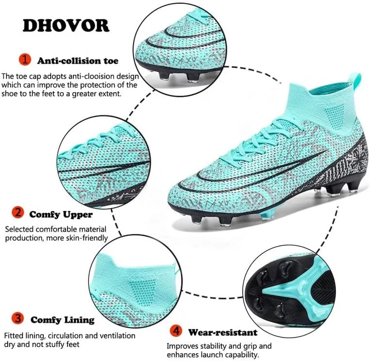 DHOVOR Boys Girls High-Top Soccer Cleats Youth Football Cleats Comfortable Turf Indoor Soccer Shoes for Kids Outdoor/Indoor/Competition/Unisex