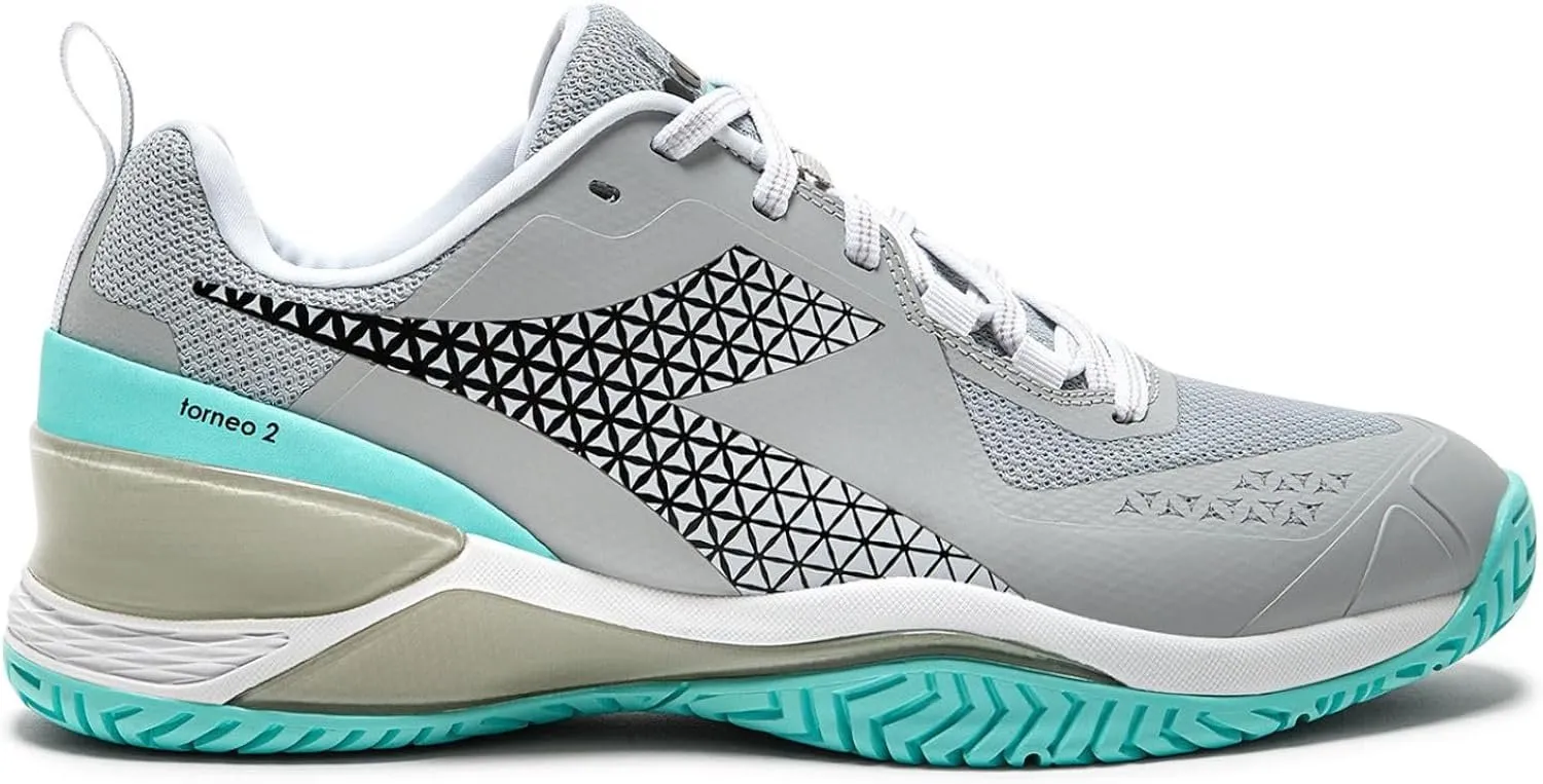 Diadora Women's Blushield Torneo 2 W Ag Tennis Shoe, Silver DD/Black/Aruba Blue,
