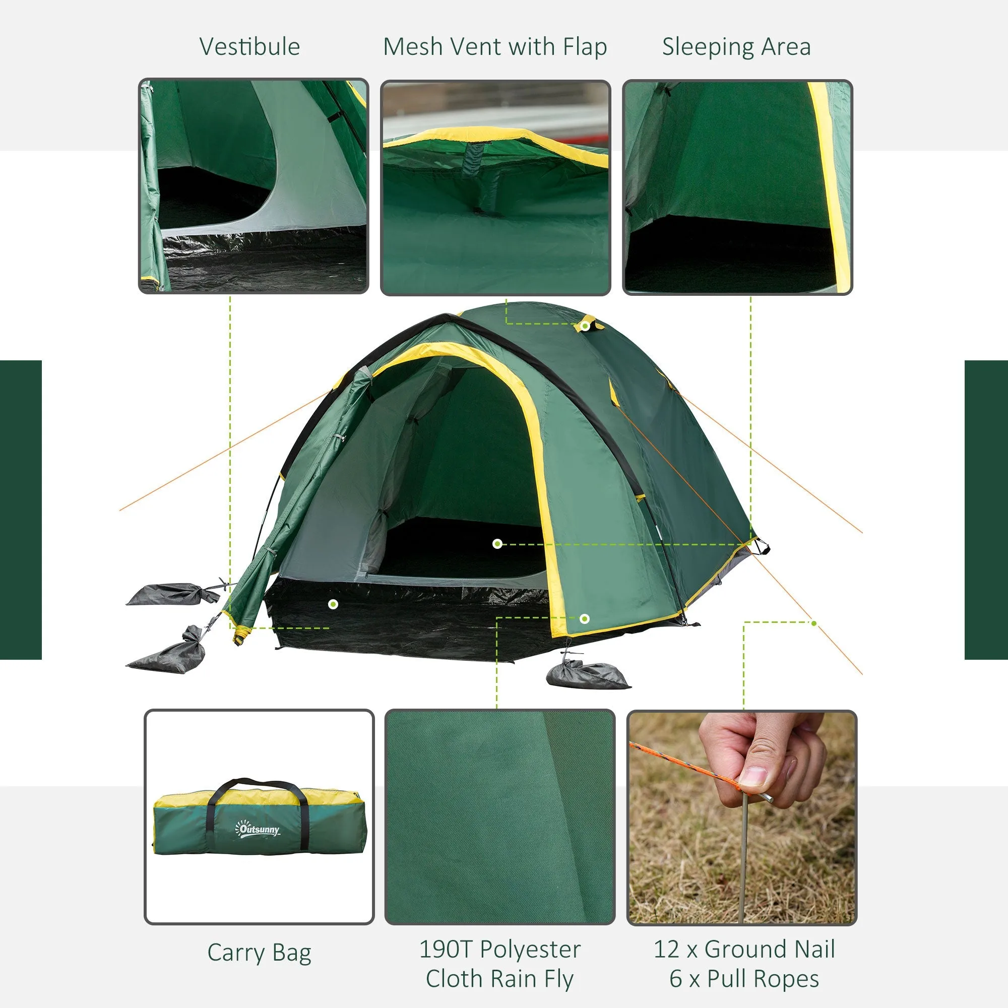 Dome Tent for 2 Person Camping Tent with Large Windows Waterproof Green and Yellow