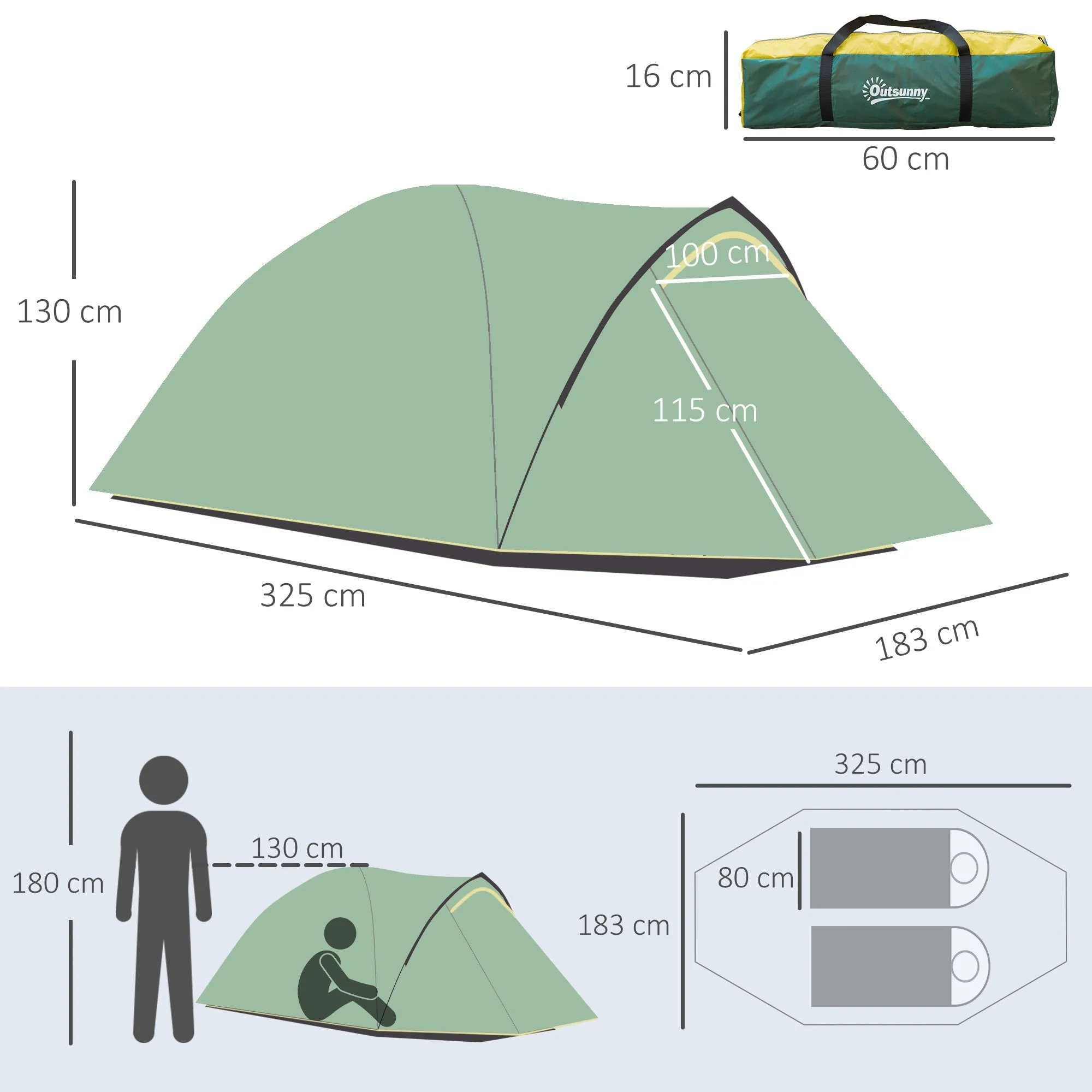 Dome Tent for 2 Person Camping Tent with Large Windows Waterproof Green and Yellow