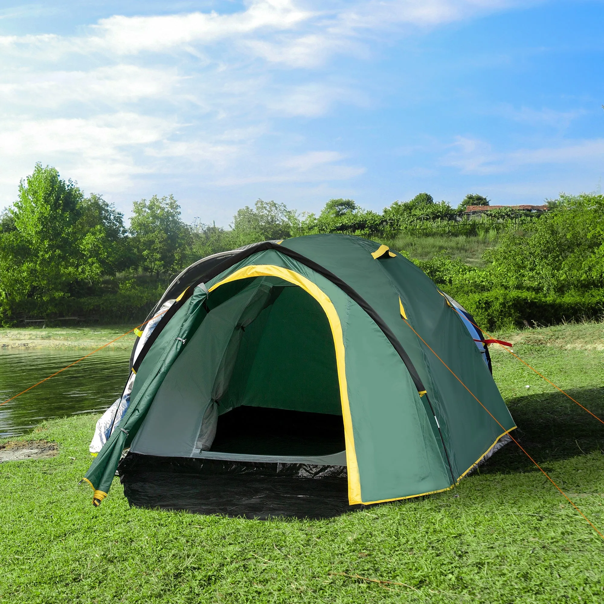 Dome Tent for 2 Person Camping Tent with Large Windows Waterproof Green and Yellow