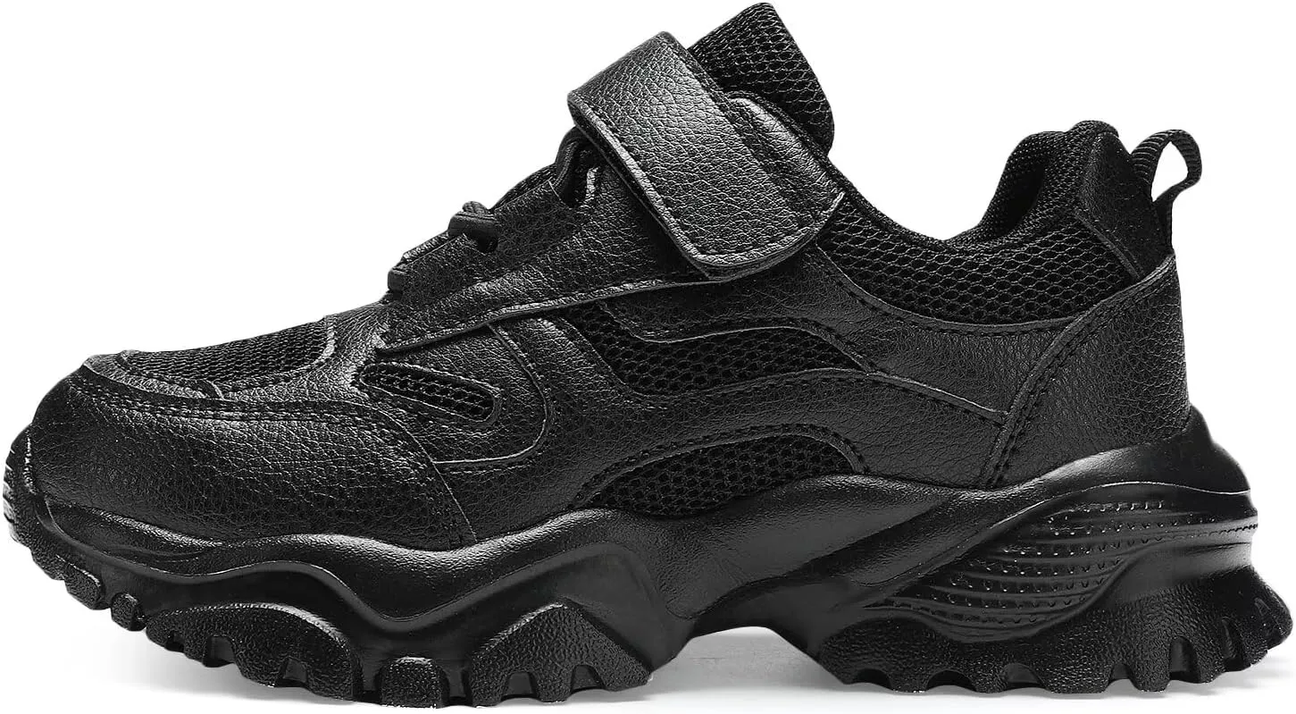 DSWED Black Boys Running Shoes for Girls Leather wear Athletic Kids Fashion Sneakers Tennis Shoes Big Kid Size