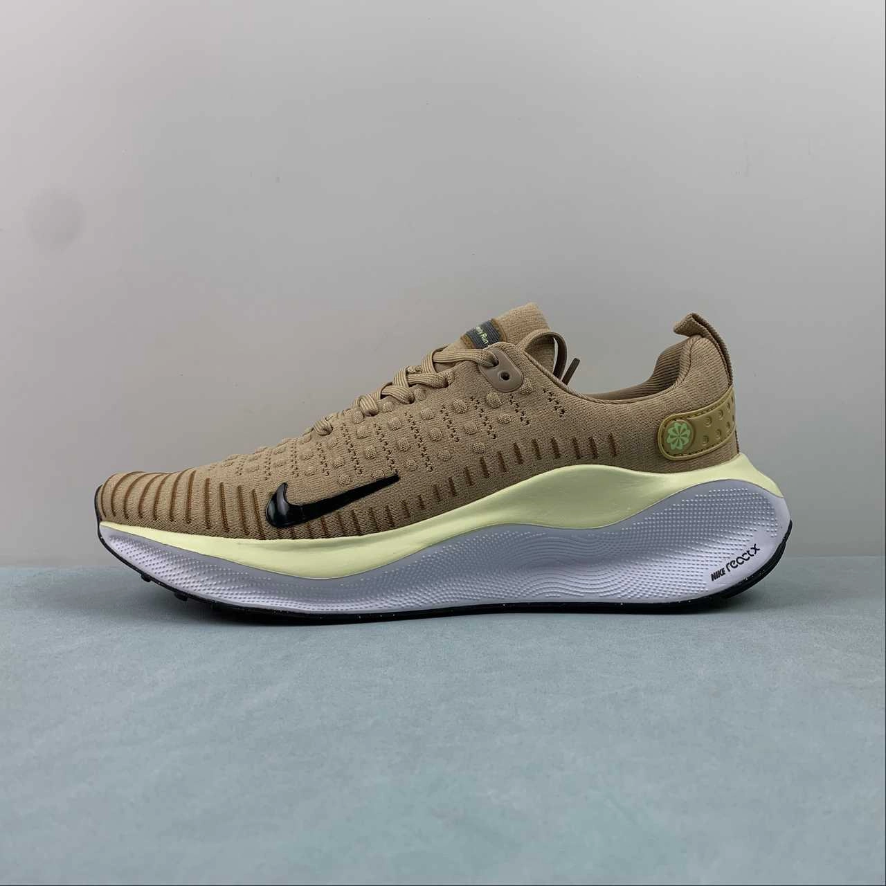 aerobic exercise shoes dedication Nike ReactX Infinity Run 4 Sesame Buff Gold Luminous Green Purple Ink DR2665-200