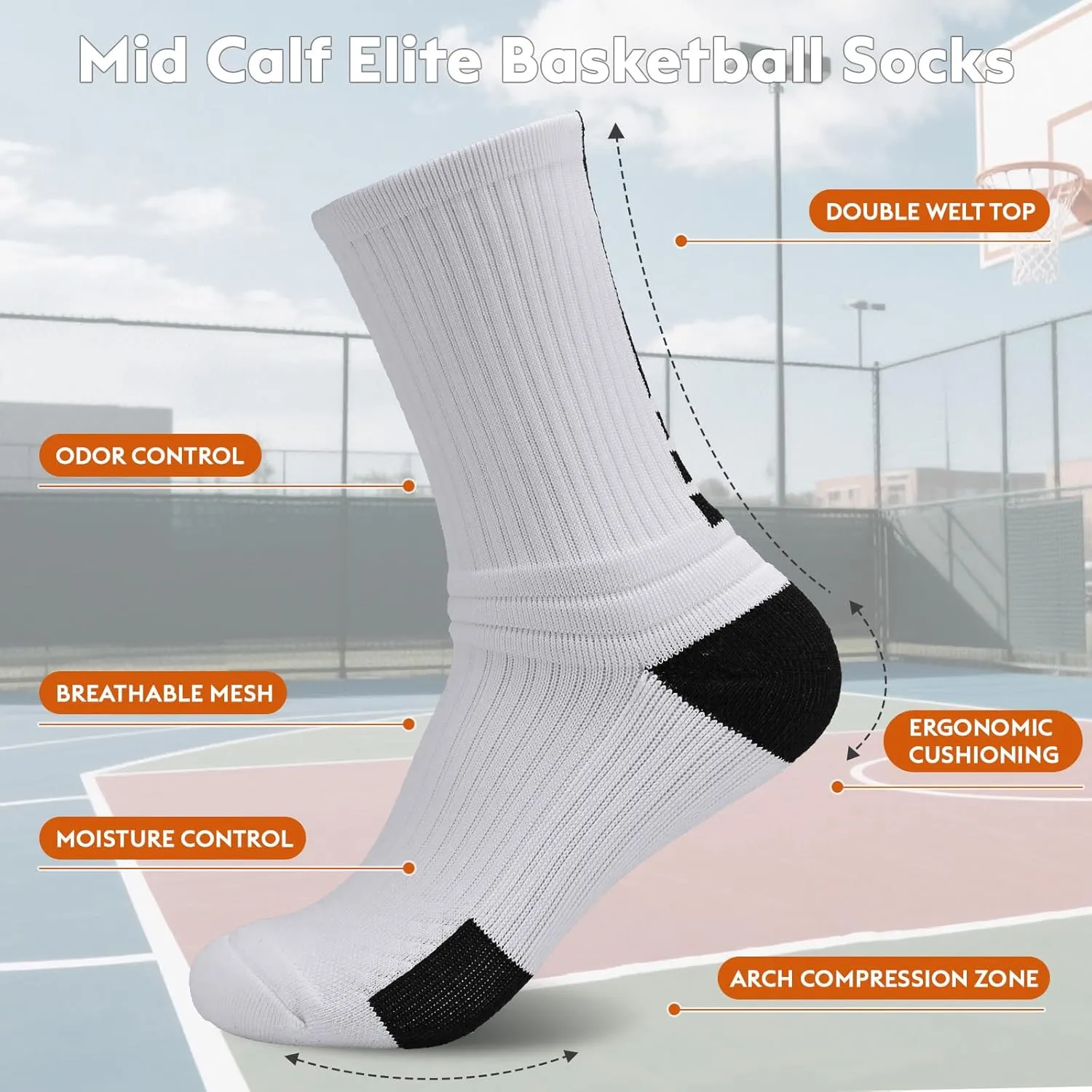 Finerview Elite Basketball Socks, 4 Pack Cushion Performance Crew Athletic Socks for Adult & Youth Kids