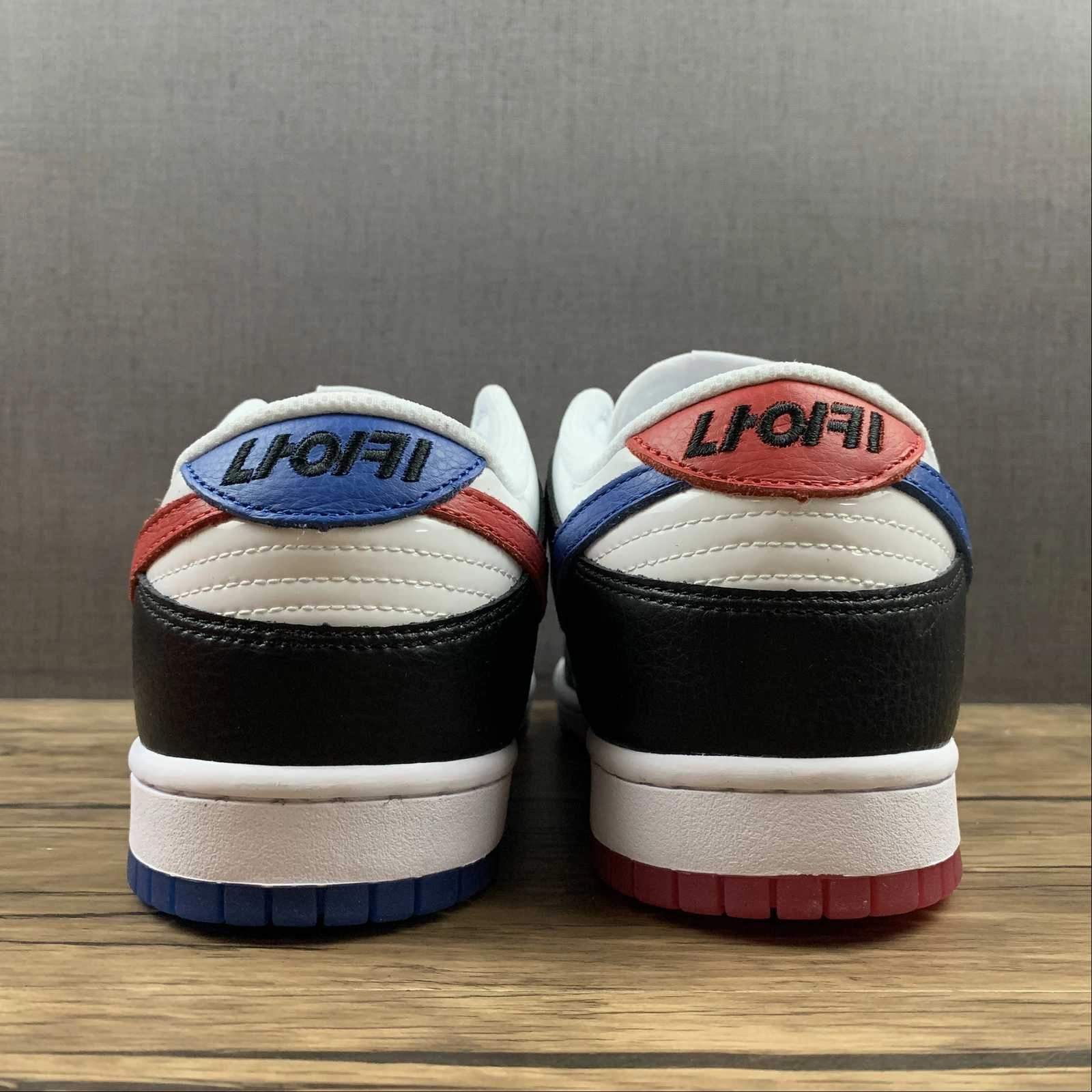 SB Dunk Low Seoul Black White Red Blue DM7708-100 Gusseted Tongue Design Air Flow Channels