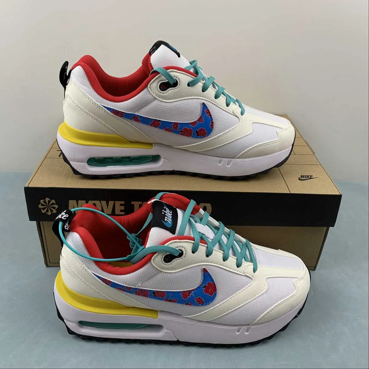 cushioned shoe qualities heat - dissipating running shoes Air Max Dawn White Multi-Color Washed Teal Vivid Sulfur Siren Red DQ7772-100
