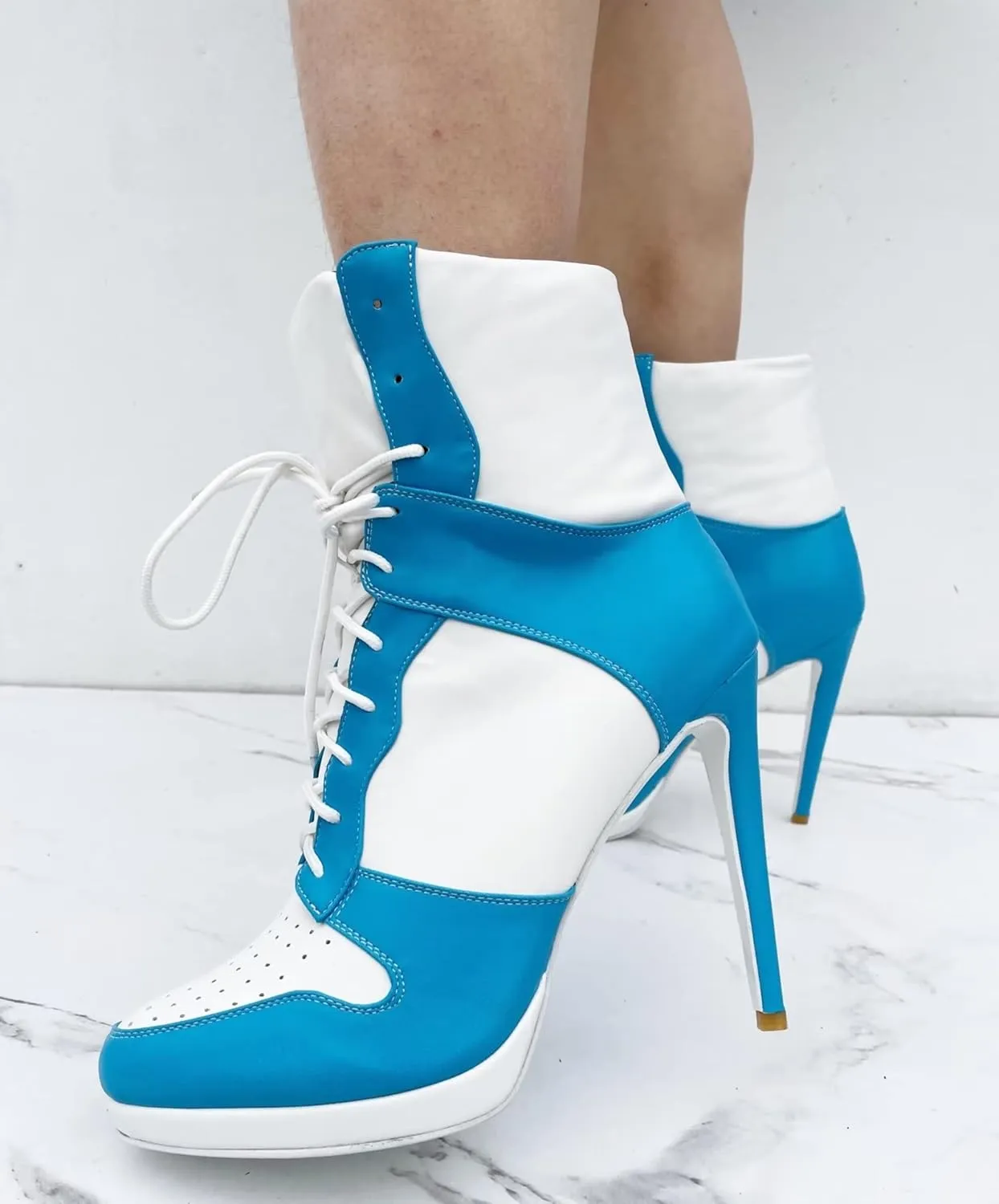 Frankie Hsu Stiletto Sport Basketball High Heeled Ankle Boots, Casual White Baby Blue Sneaker Style Bootie, Large Big Size Fashion Designer Lace Up Short Shoes For Women Men