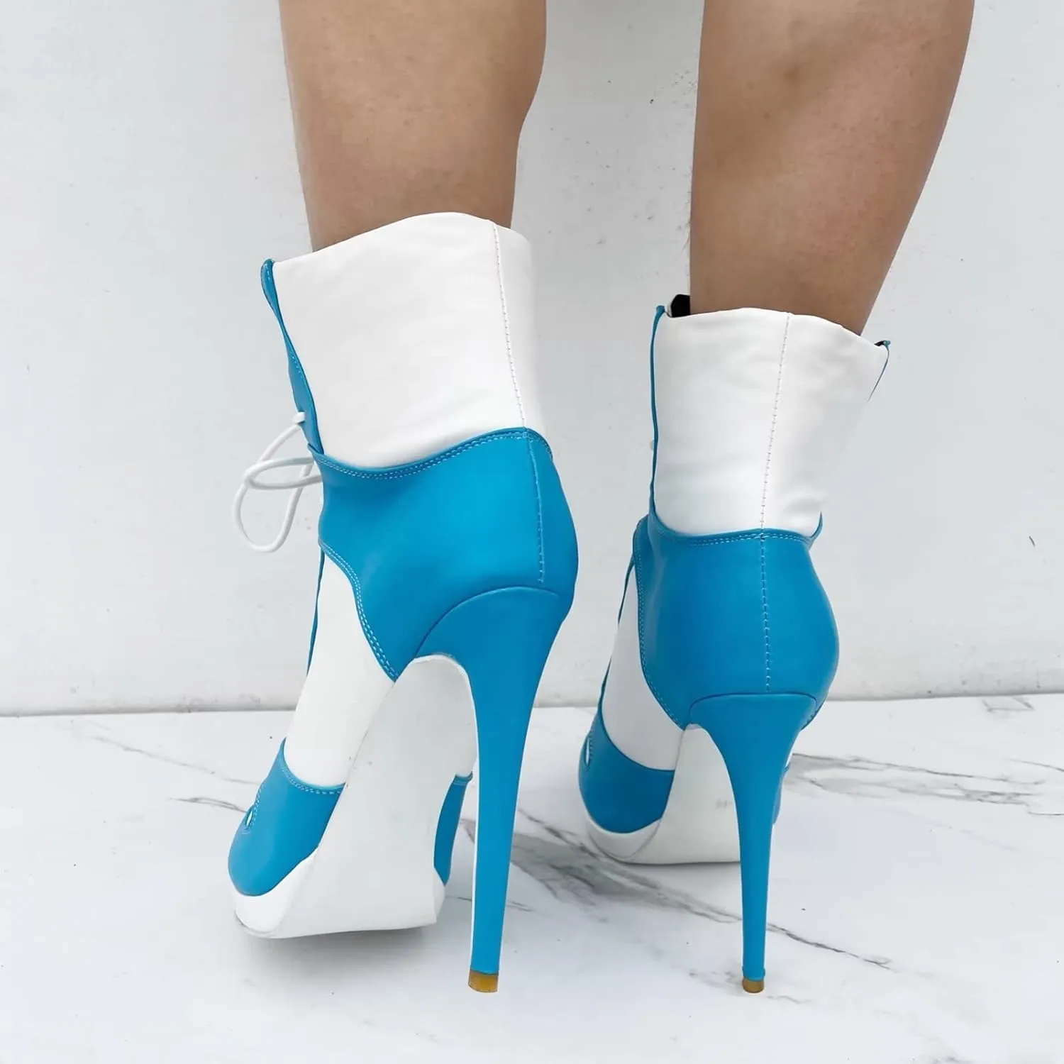 Frankie Hsu Stiletto Sport Basketball High Heeled Ankle Boots, Casual White Baby Blue Sneaker Style Bootie, Large Big Size Fashion Designer Lace Up Short Shoes For Women Men