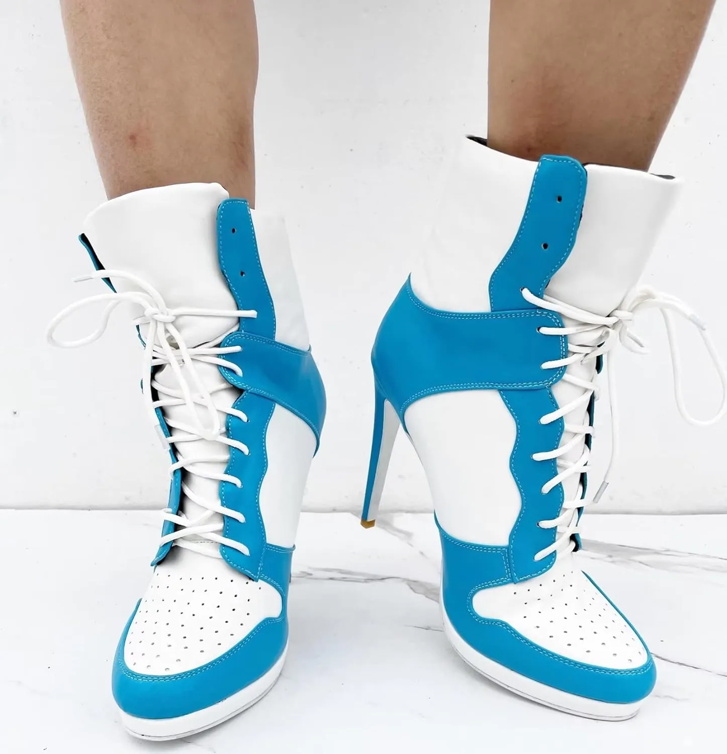Frankie Hsu Stiletto Sport Basketball High Heeled Ankle Boots, Casual White Baby Blue Sneaker Style Bootie, Large Big Size Fashion Designer Lace Up Short Shoes For Women Men