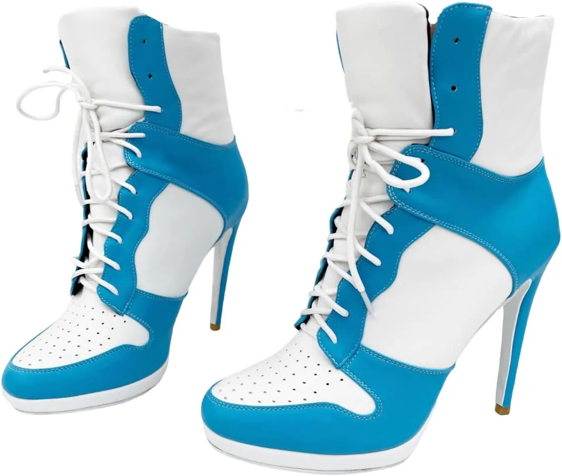 Frankie Hsu Stiletto Sport Basketball High Heeled Ankle Boots, Casual White Baby Blue Sneaker Style Bootie, Large Big Size Fashion Designer Lace Up Short Shoes For Women Men