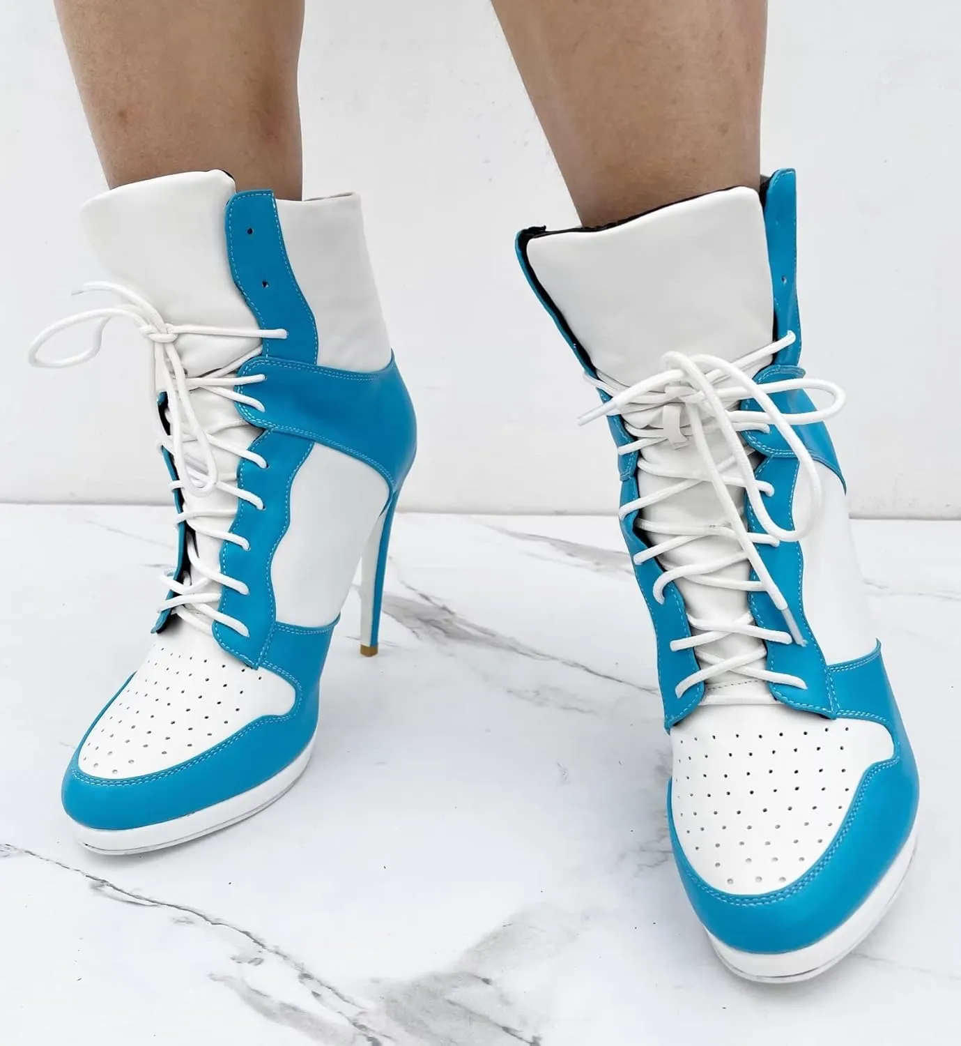 Frankie Hsu Stiletto Sport Basketball High Heeled Ankle Boots, Casual White Baby Blue Sneaker Style Bootie, Large Big Size Fashion Designer Lace Up Short Shoes For Women Men