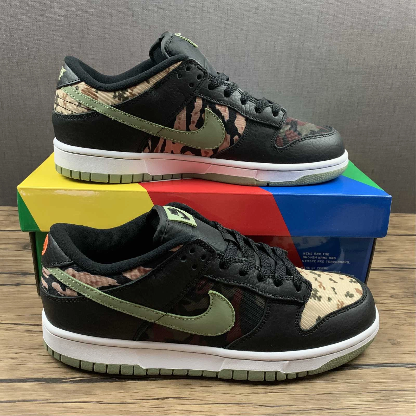 SB Dunk Low Crazy Camo Black Multi Olive DH0957-001 Low Top Design Daily Activity