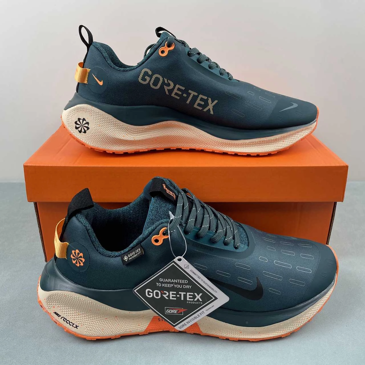 Adaptable to different weather soft midsole shoes Nike ReactX Infinity Run 4 Gore-Tex Deep Jungle Geode Teal Total Orange FB2204-300