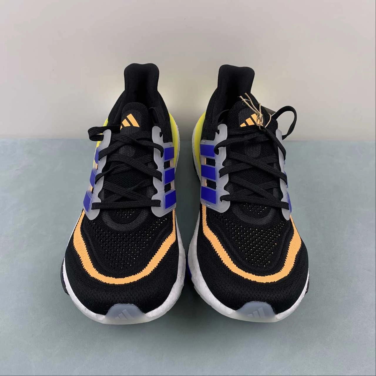 running shoes for half - marathons slim fit Adidas UltraBoost Light Core Black Lucid Blue Bright Yellow HP9204