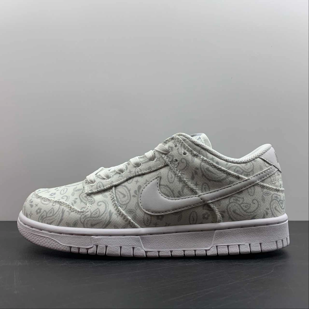 SB Dunk Low White Paisley Grey Fog DJ9955-100 Anti Abrasion