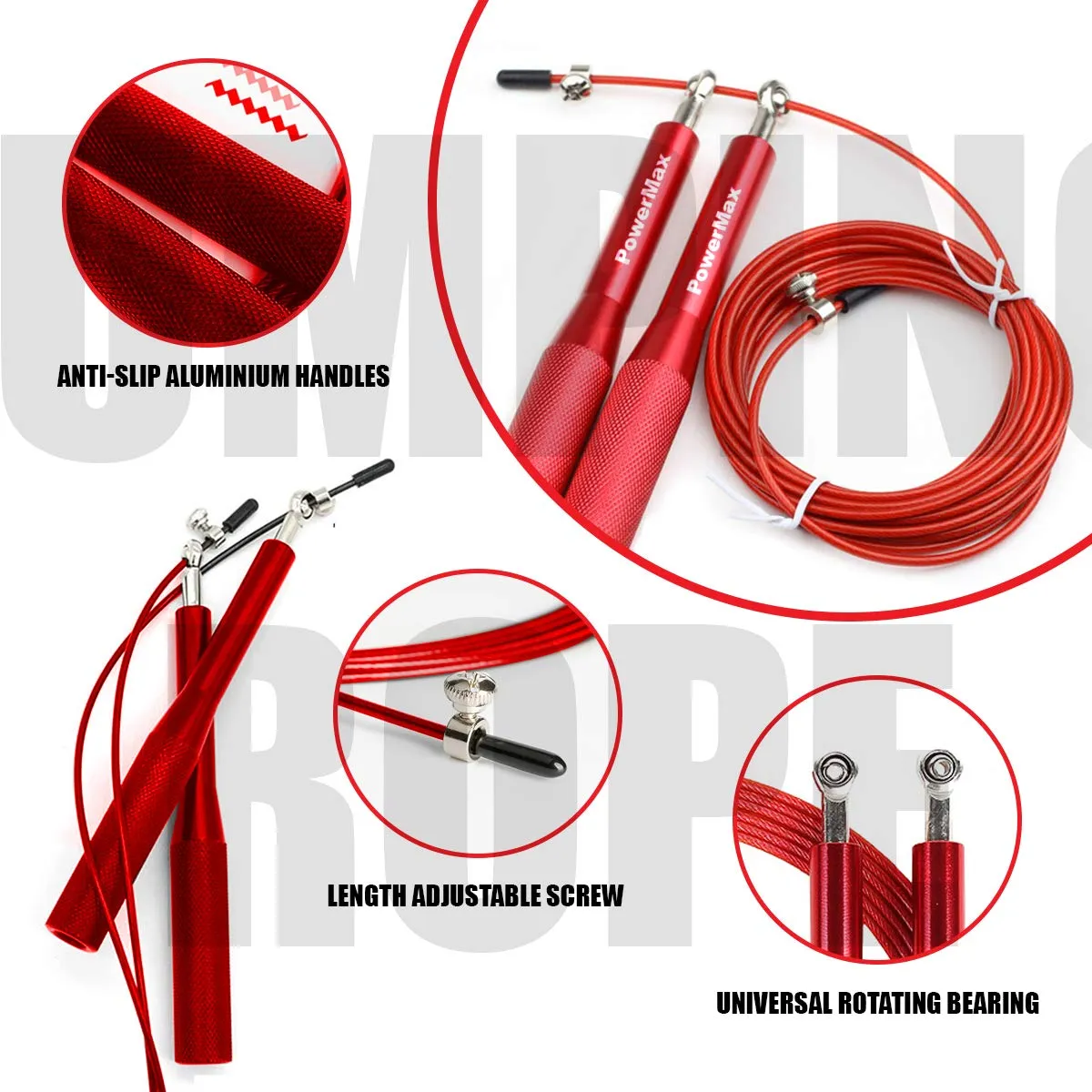 JA-3 Skipping Rope for Unisex Adults with Aluminium Handles | Screw-Free Self-locking Jump Rope for Training | Exercise | Weight Loss | Crossfit | Boxing and HIIT Workouts (Colour - Red)