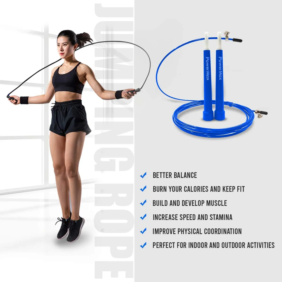 JP-2 Skipping Rope for Unisex Adults | Tangle free Jumping Rope with Adjustable Rope length for Training | Exercise | Weight Loss | Crossfit | Boxing and HIIT Workouts (Colour - Blue)