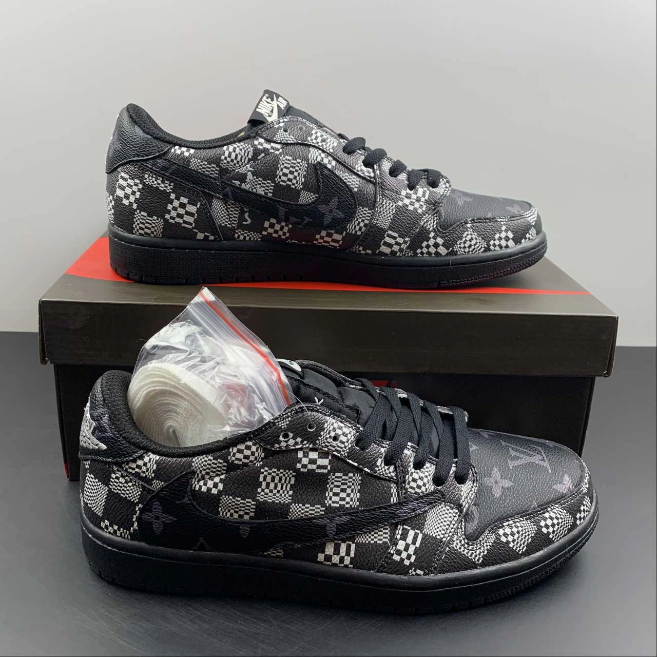 Air Jordan 1 Retro Low OG SP ??Travis Scott and Louis Vuitton?? Black Check Barb DM7866-662 Sporty arch