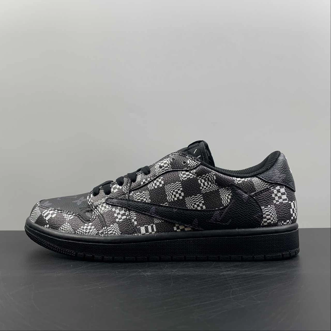 Textured Outsole Pattern Sustainable Sole Construction Air Jordan 1 Retro Low OG SP ??Travis Scott and Louis Vuitton?? Black Check Barb DM7866-662