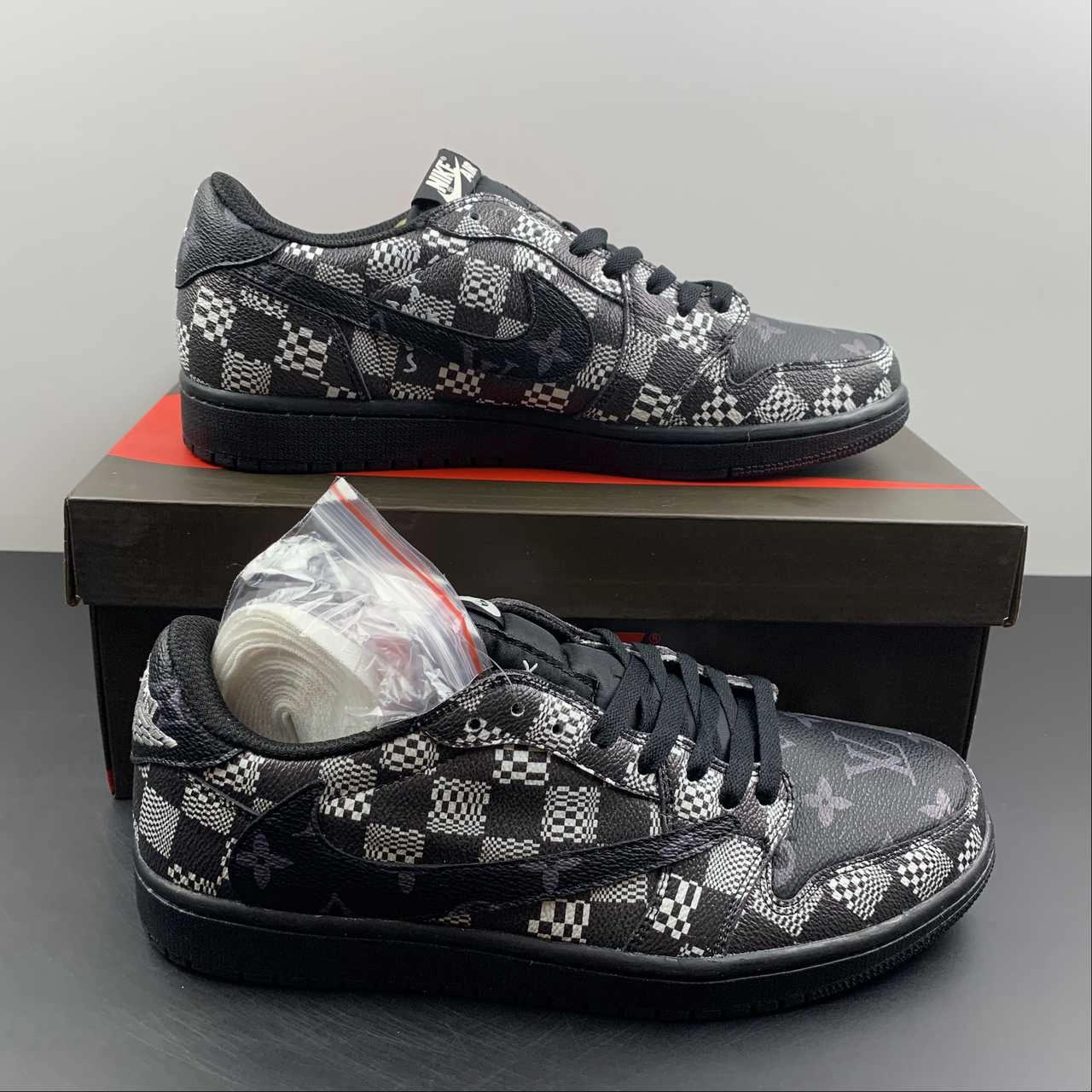 Weatherproof Footwear SportyDesign Air Jordan 1 Retro Low OG SP ??Travis Scott and Louis Vuitton?? Black Check Barb DM7866-662