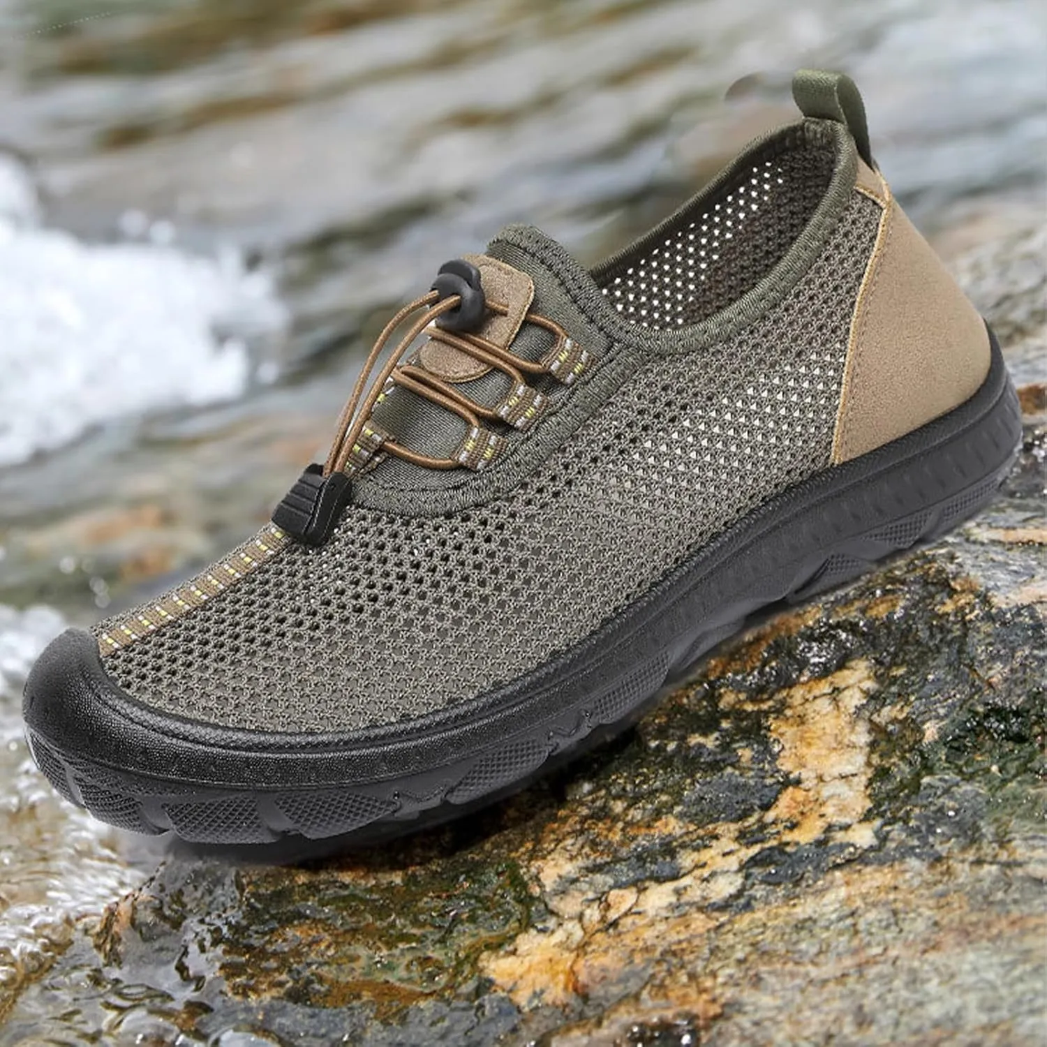 Mens Breathable Mesh Slip On Walking Shoes Adjustable Elastic Belt Lightweight Non Slip Driving Sneakers Casual Outdoor Training Trail Shoes