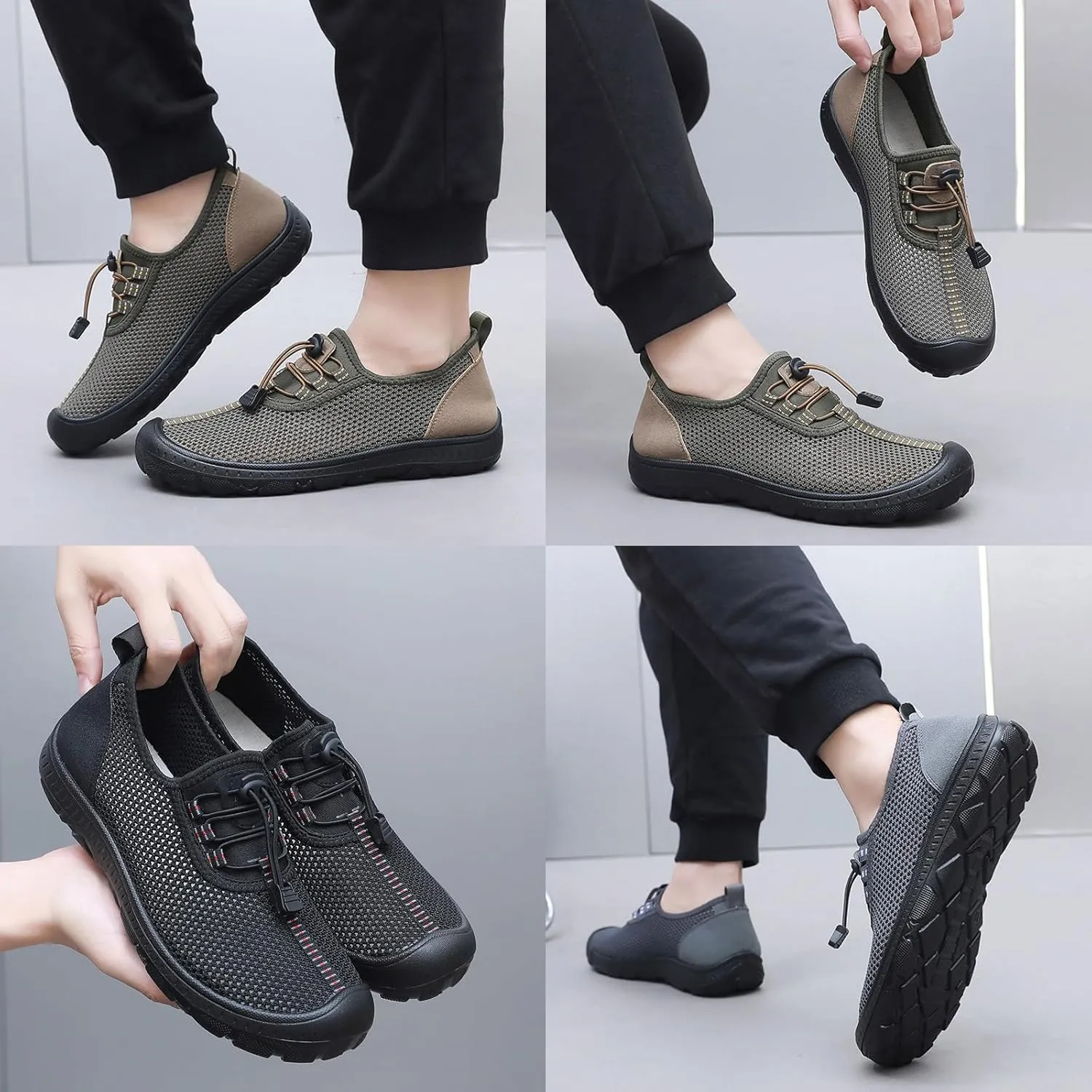 Mens Breathable Mesh Slip On Walking Shoes Adjustable Elastic Belt Lightweight Non Slip Driving Sneakers Casual Outdoor Training Trail Shoes