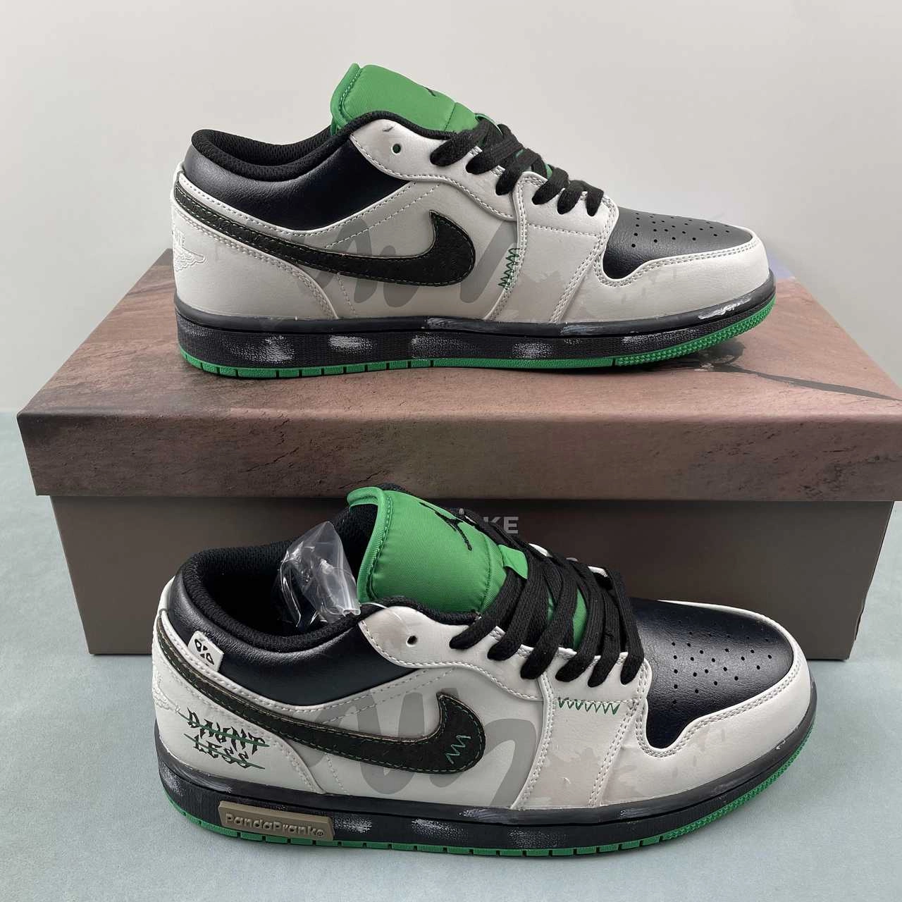 Air Jordan 1 Low Black Black Lucky Green White 553558-065 Durable Reinforcement Microfiber Lining Tech