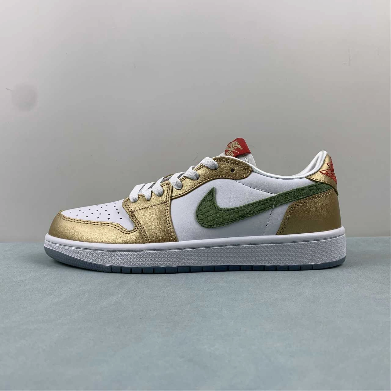 Air Jordan 1 Low OG GS Year of the Dragon Sail Oil Green Metallic Gold Grain FQ6593-100 Padded Heel Counter