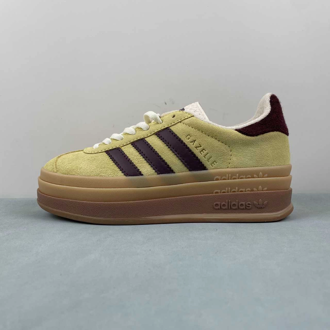 Walk Smart adult style Adidas Gazelle Bold Almost Yellow Maroon Wonder White IF5937