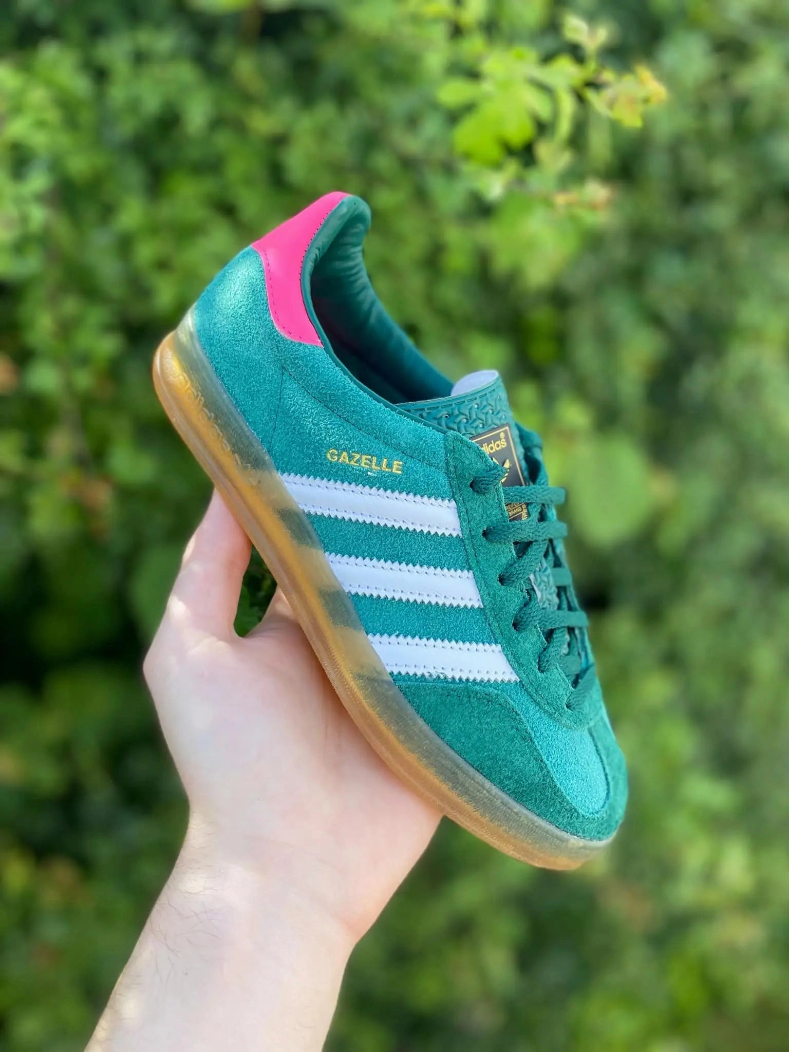 Adidas Gazelle Indoor Collegiate Green Lucid Pink Karma Sneaks